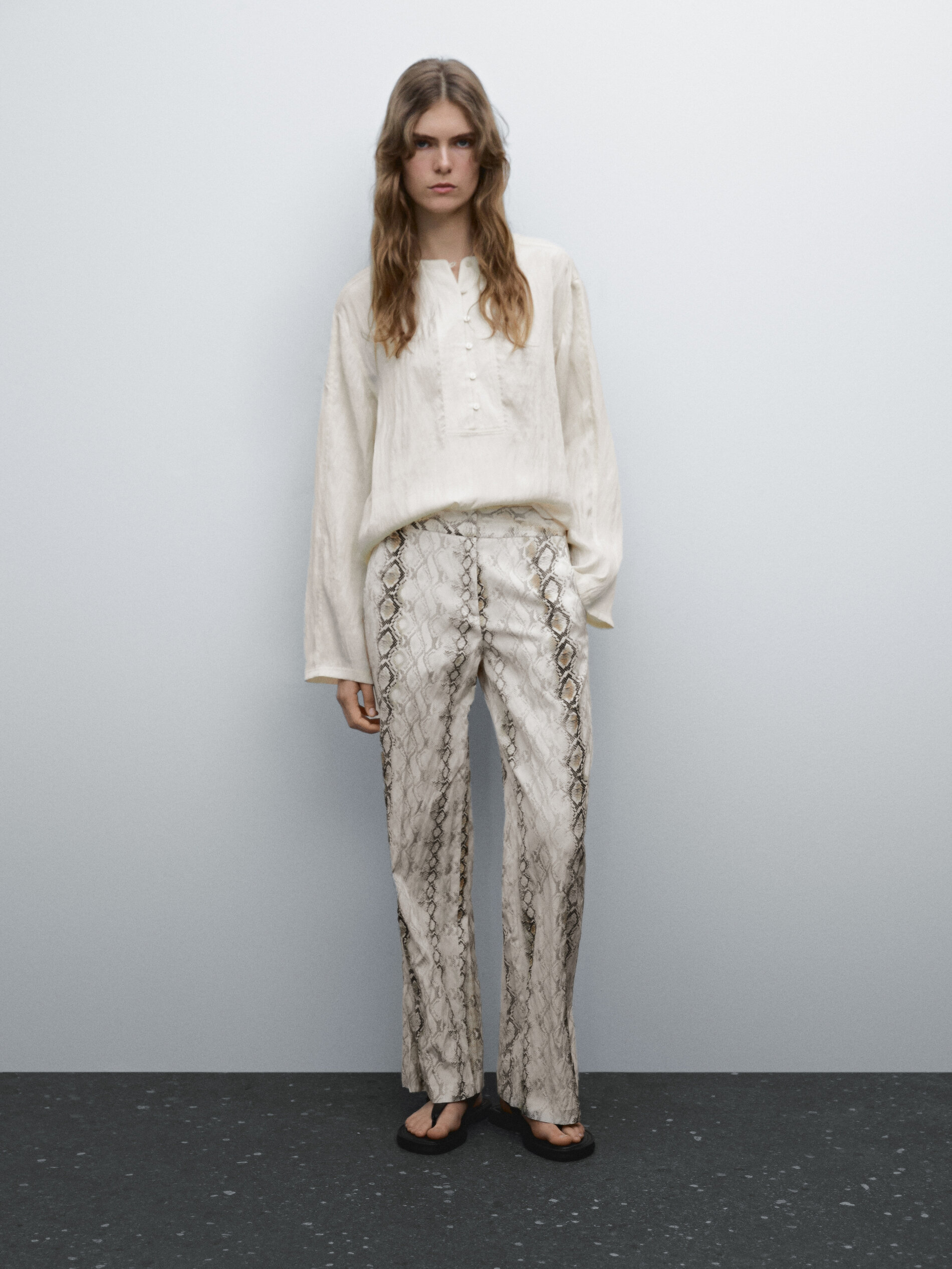 Pantalon Straight Fendu Imprimé Animal - Ivoire - 34 - Massimo Dutti - Femme
