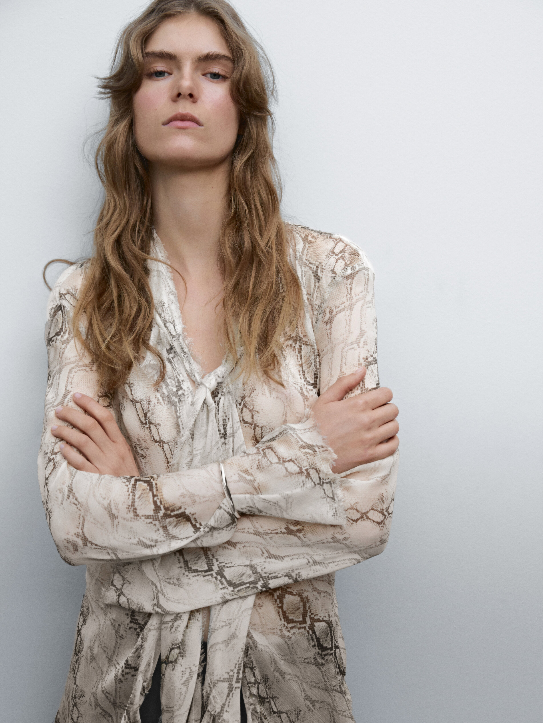 Chemisier Fluide Foulard Imprimé Animal - Ivoire - L - Massimo Dutti - Femme