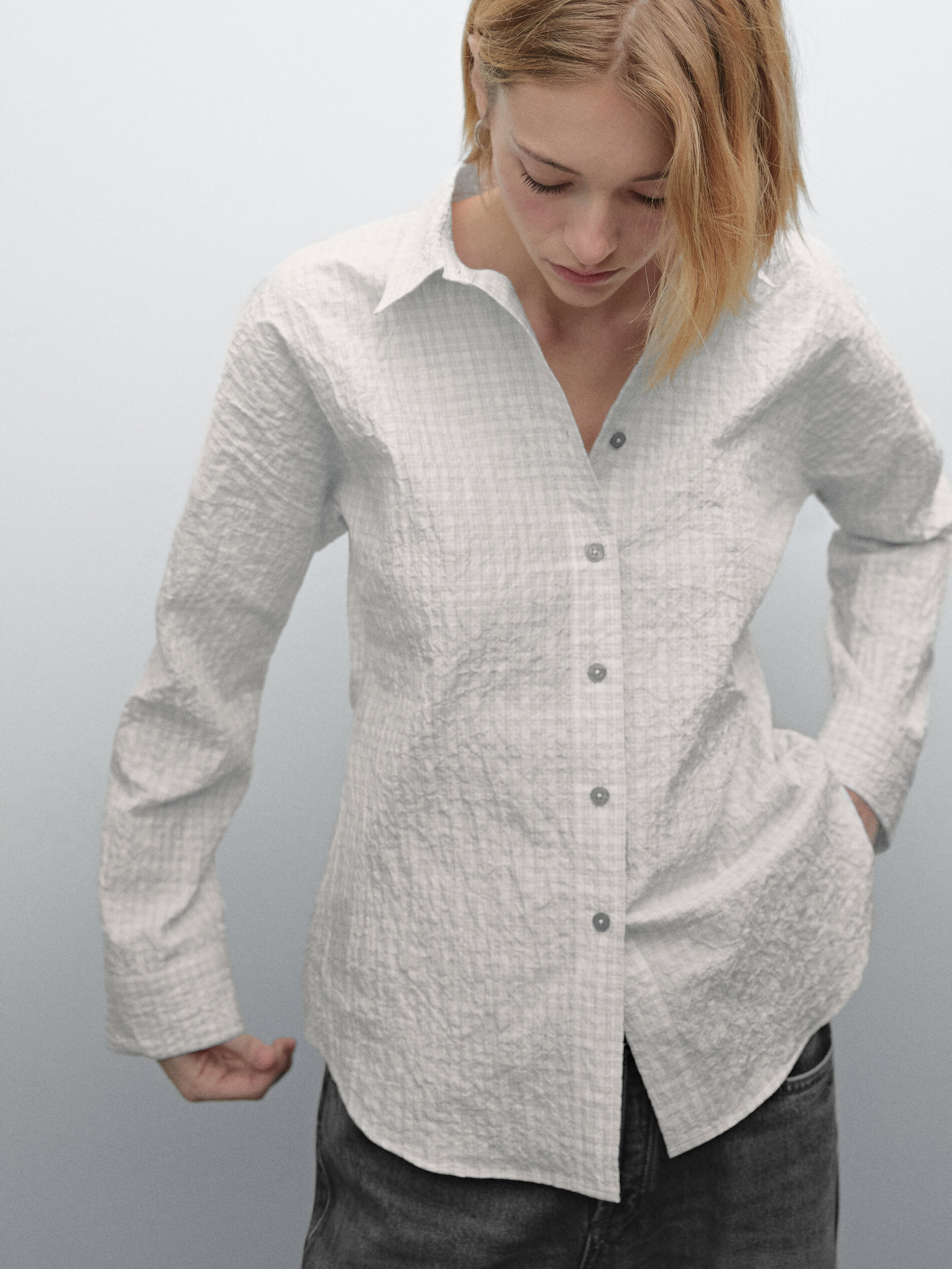 Chemisier À Carreaux Texturé - Blanc - Xs - Massimo Dutti - Femme