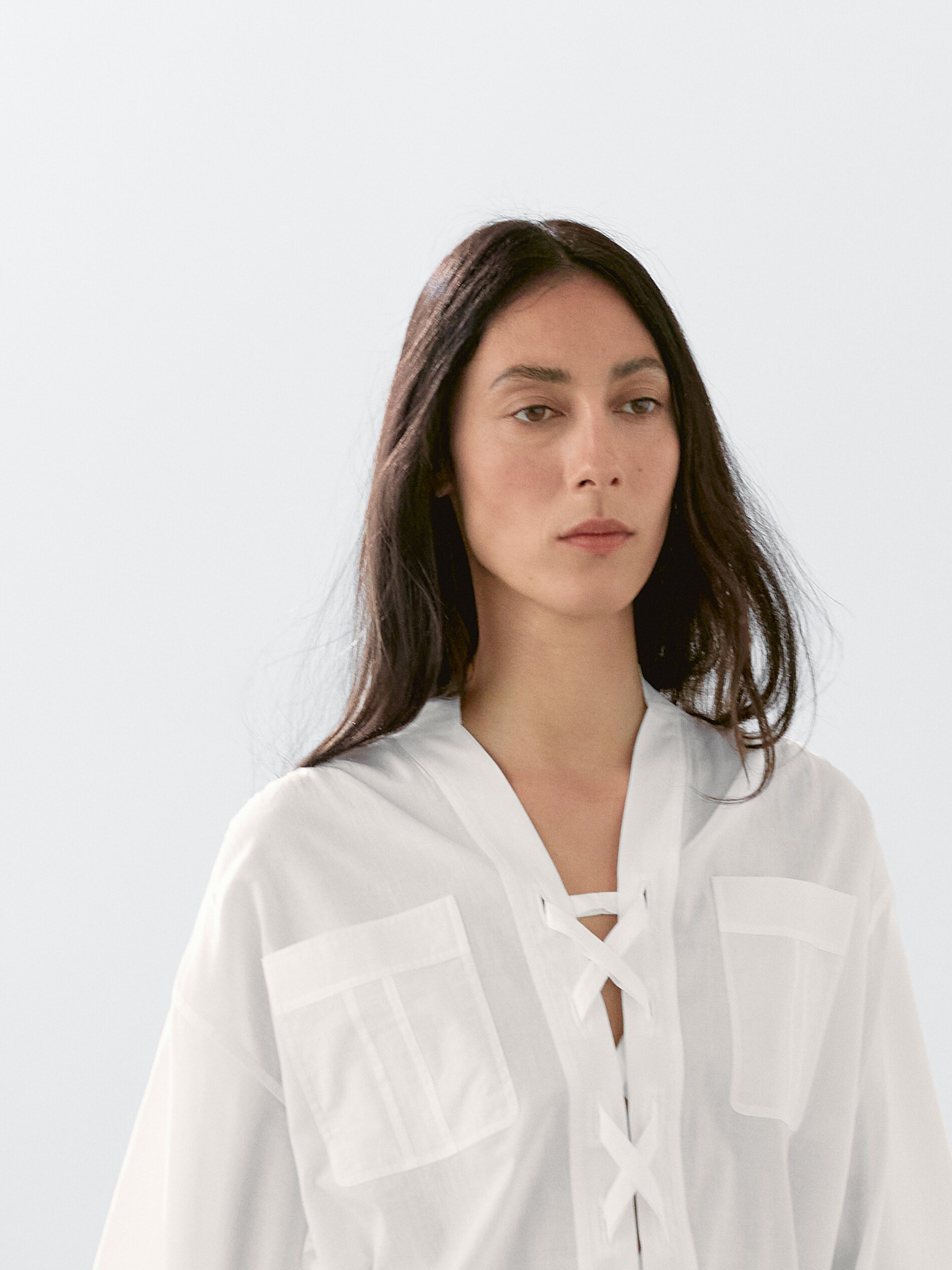Chemisier À Col Mao Avec Nœud - Blanc - S - Massimo Dutti - Femme