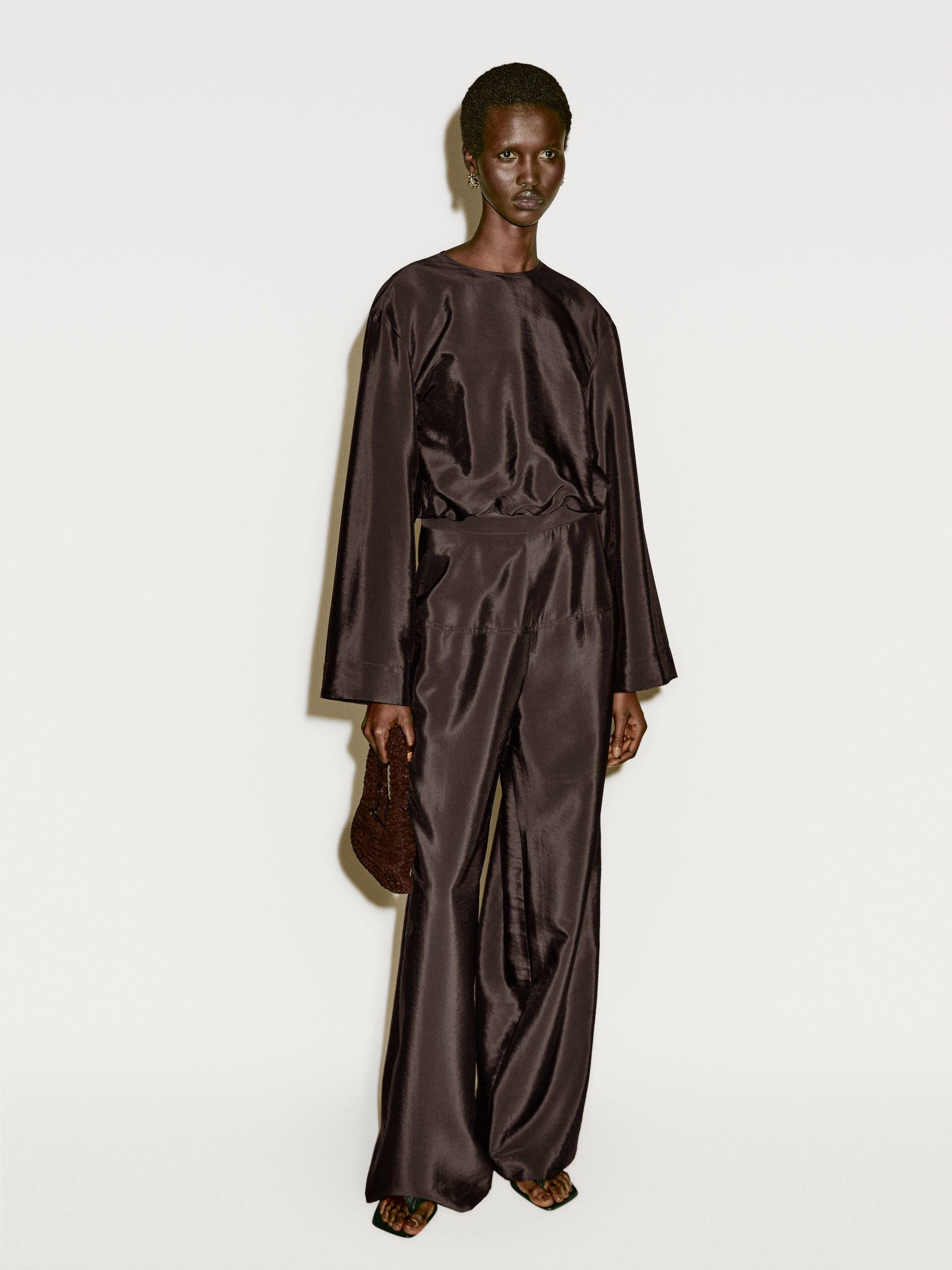 Chemise Satinée Fendue - Limited Edition - Chocolat - S - Massimo Dutti - Femme