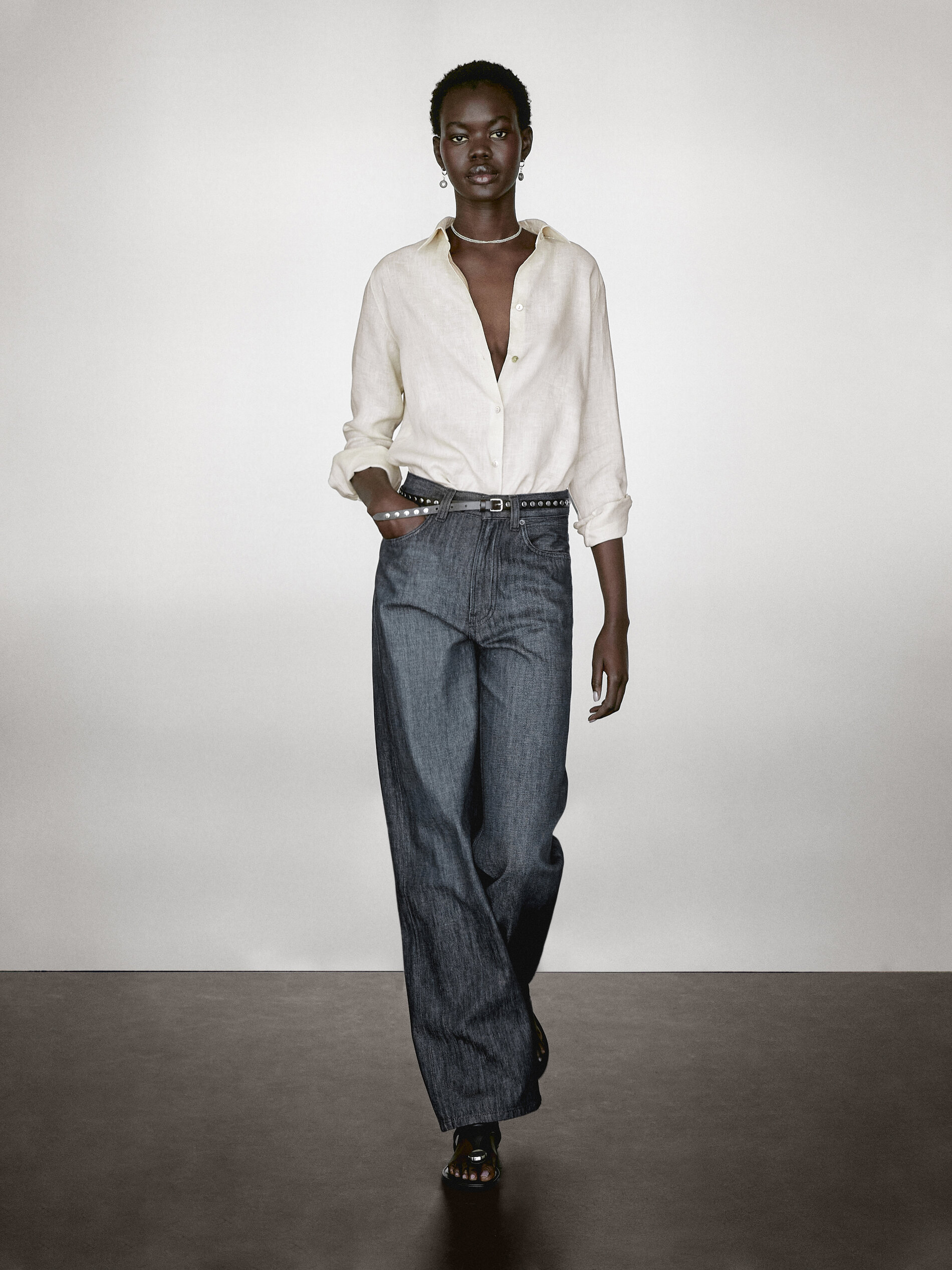 Camisa Fluida 100% Linho - Pedra - 38 - Massimo Dutti - Mulher