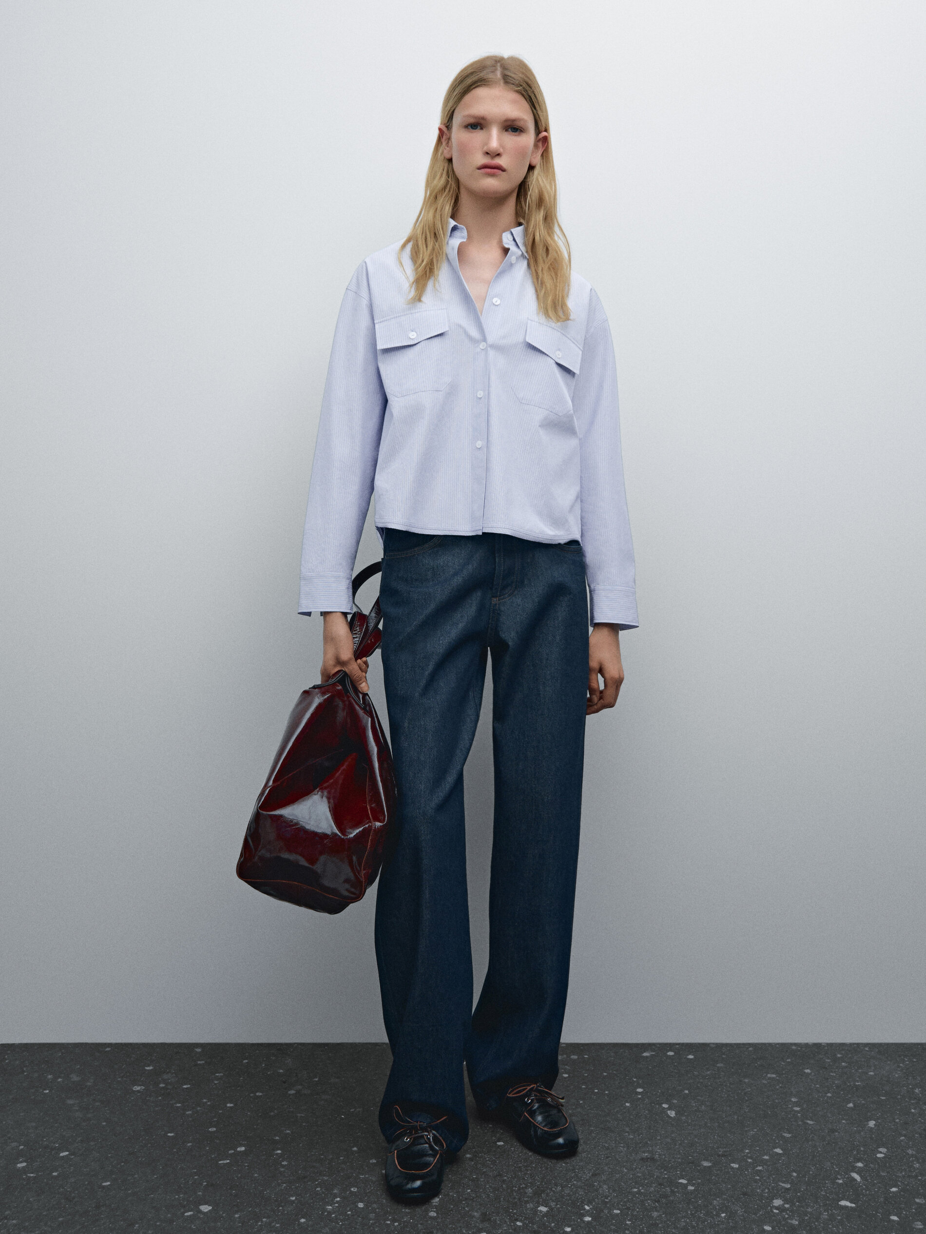 Chemise Cropped Poches 100 % Coton - Celeste - S - Massimo Dutti - Femme