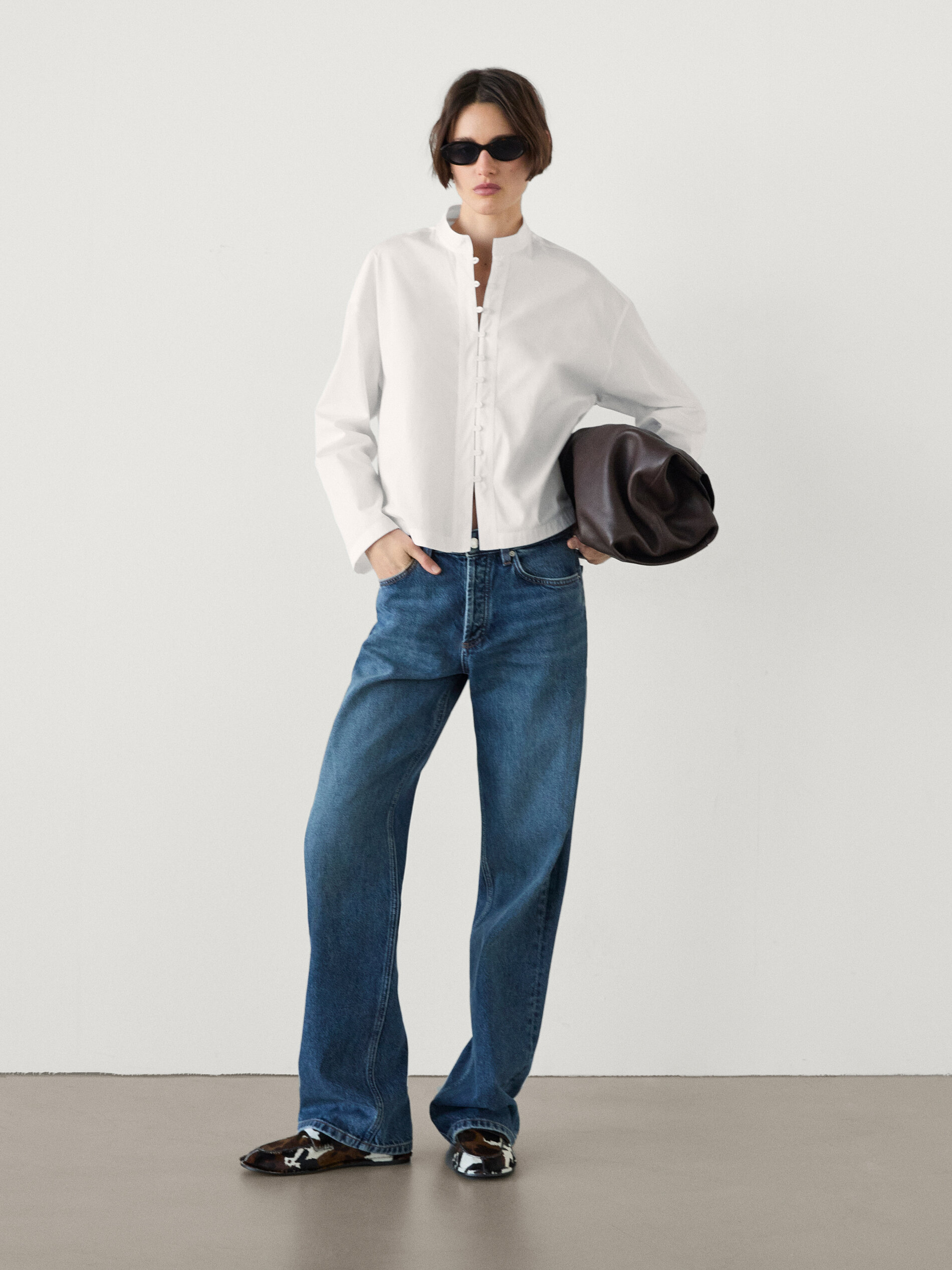 Chemisier En Popeline À Col Mao Avec Boutonnage - Blanc - M - Massimo Dutti - Femme