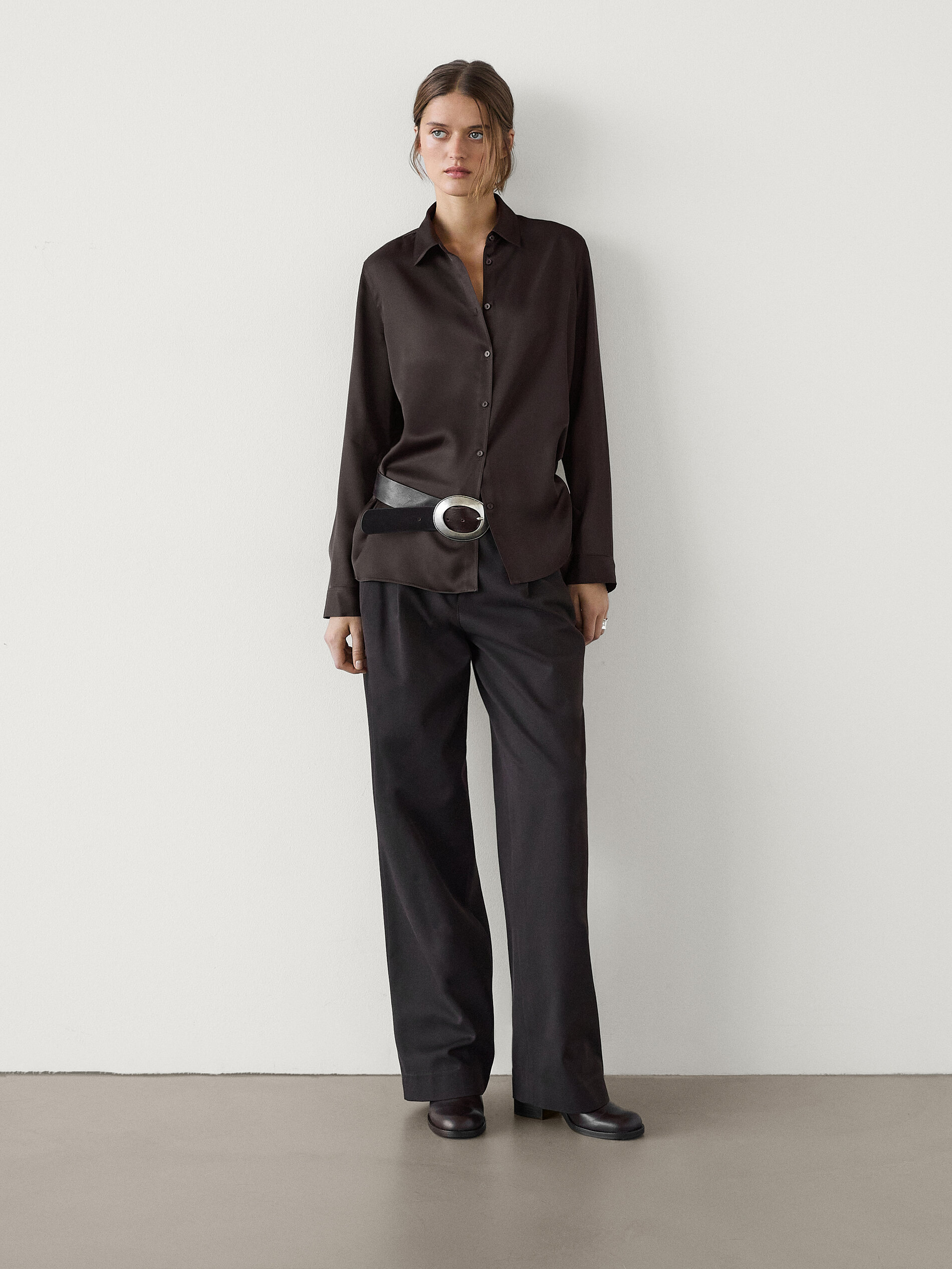 Chemisier Fendu Et Satiné À Manches Longues - Marron - M - Massimo Dutti - Femme