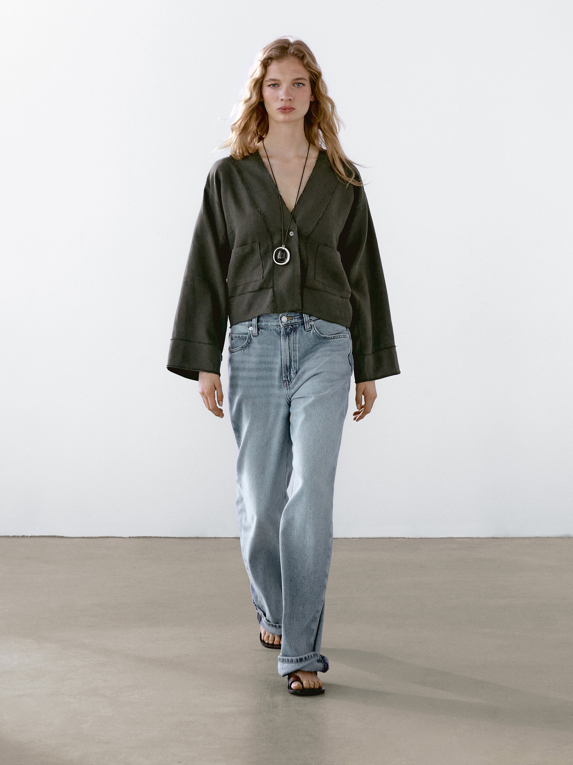 Kimono Fluide Avec Poches En Lin - Vert Foncé - M - Massimo Dutti - Femme