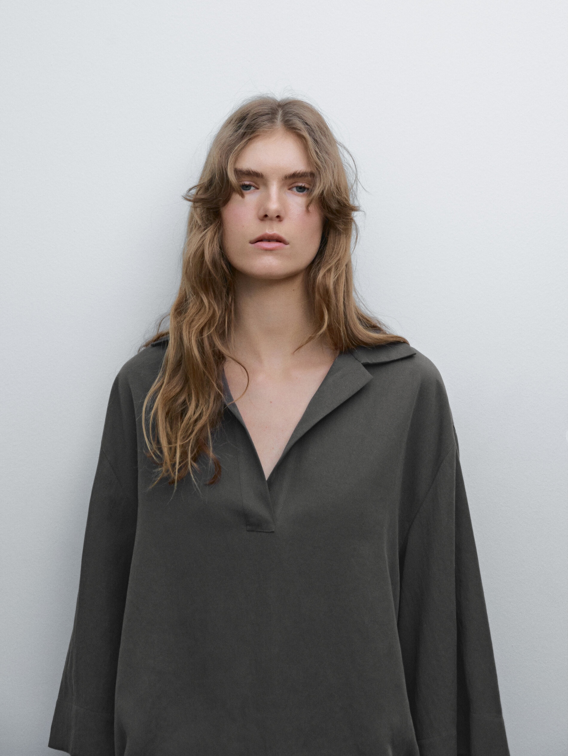 Chemisier Fluide À Col Polo - Marron Taupe - L - Massimo Dutti - Femme