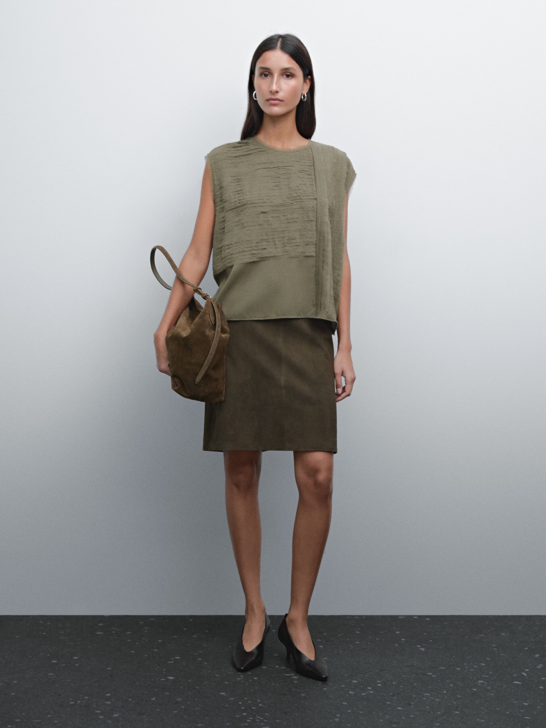 Top Effiloché Tissu Fantaisie - Vert - L - Massimo Dutti - Femme
