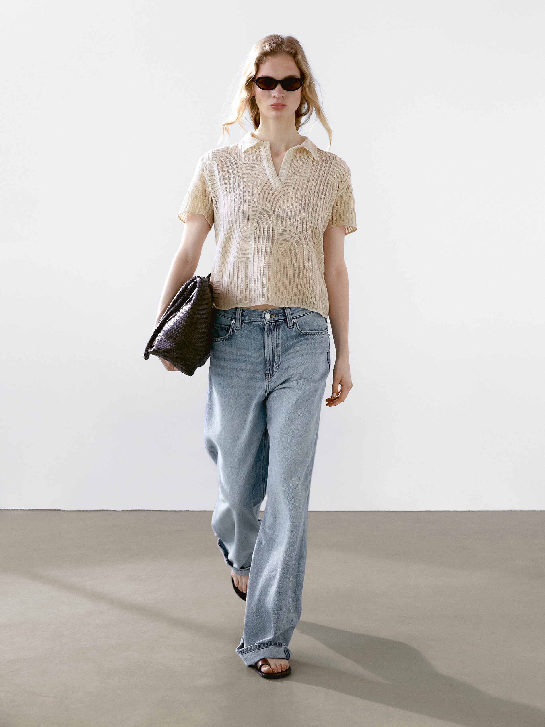 Polo En Maille Ajourée Avec Broderie - Cru - M - Massimo Dutti - Femme