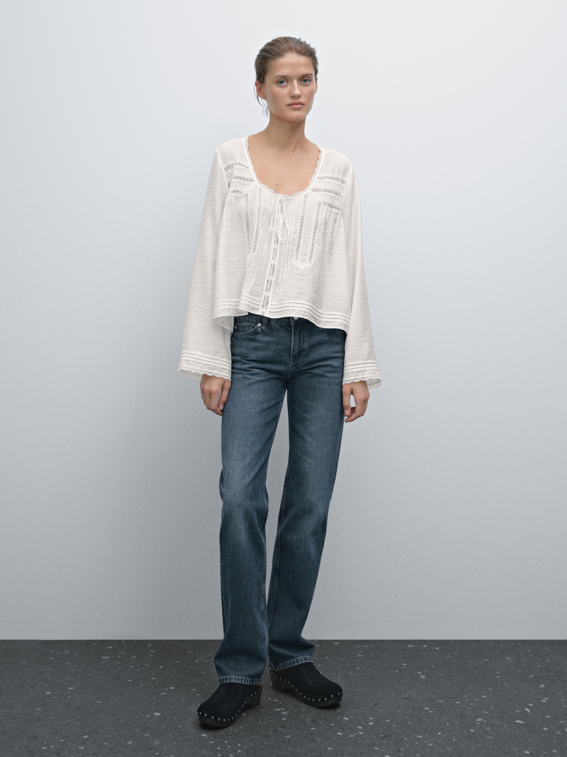 Chemisier Fluide Avec Dentelle - Blanc - M - Massimo Dutti - Femme