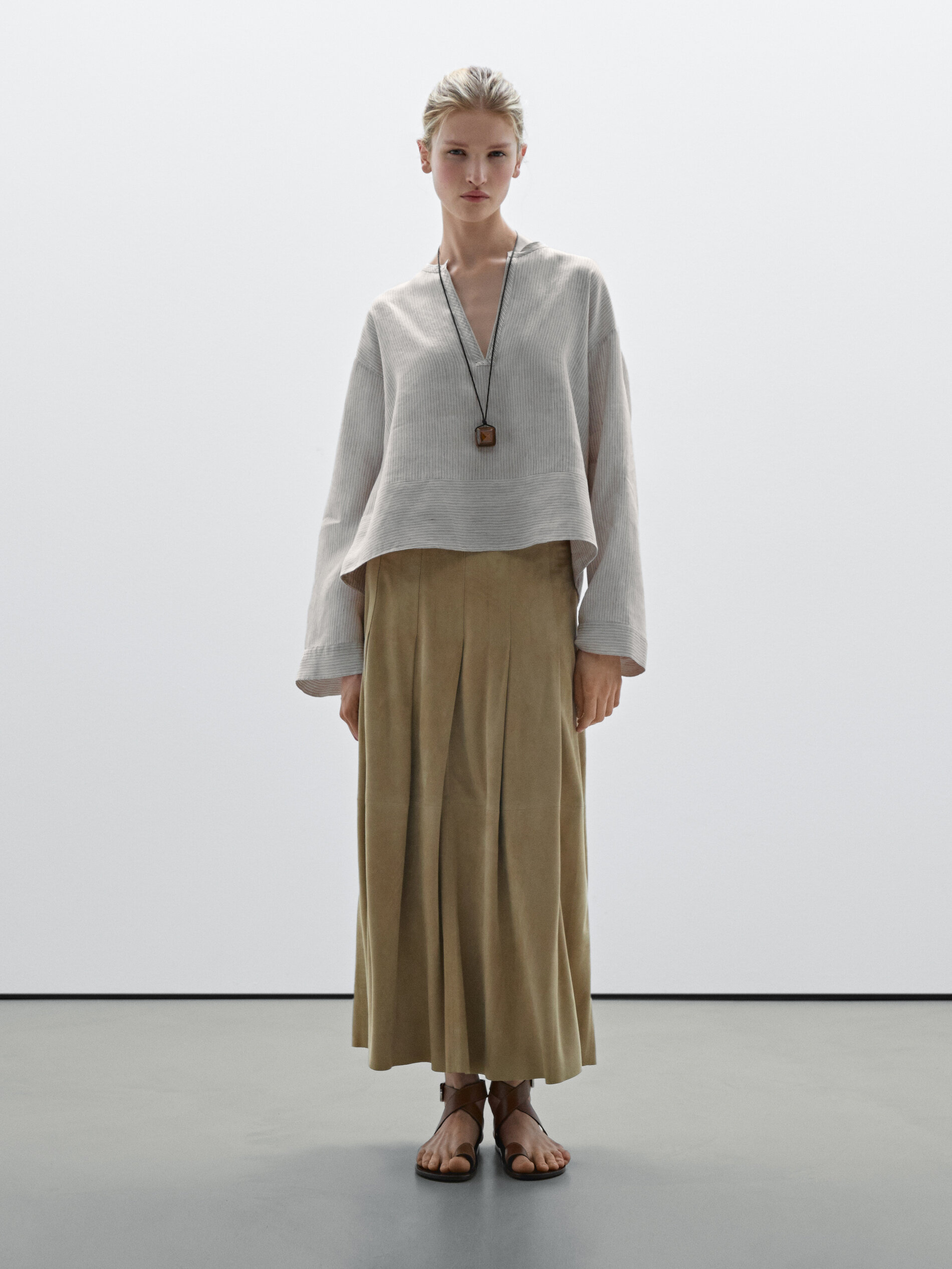 Chemisier Satiné À Rayures Bas Large - Cru - L - Massimo Dutti - Femme