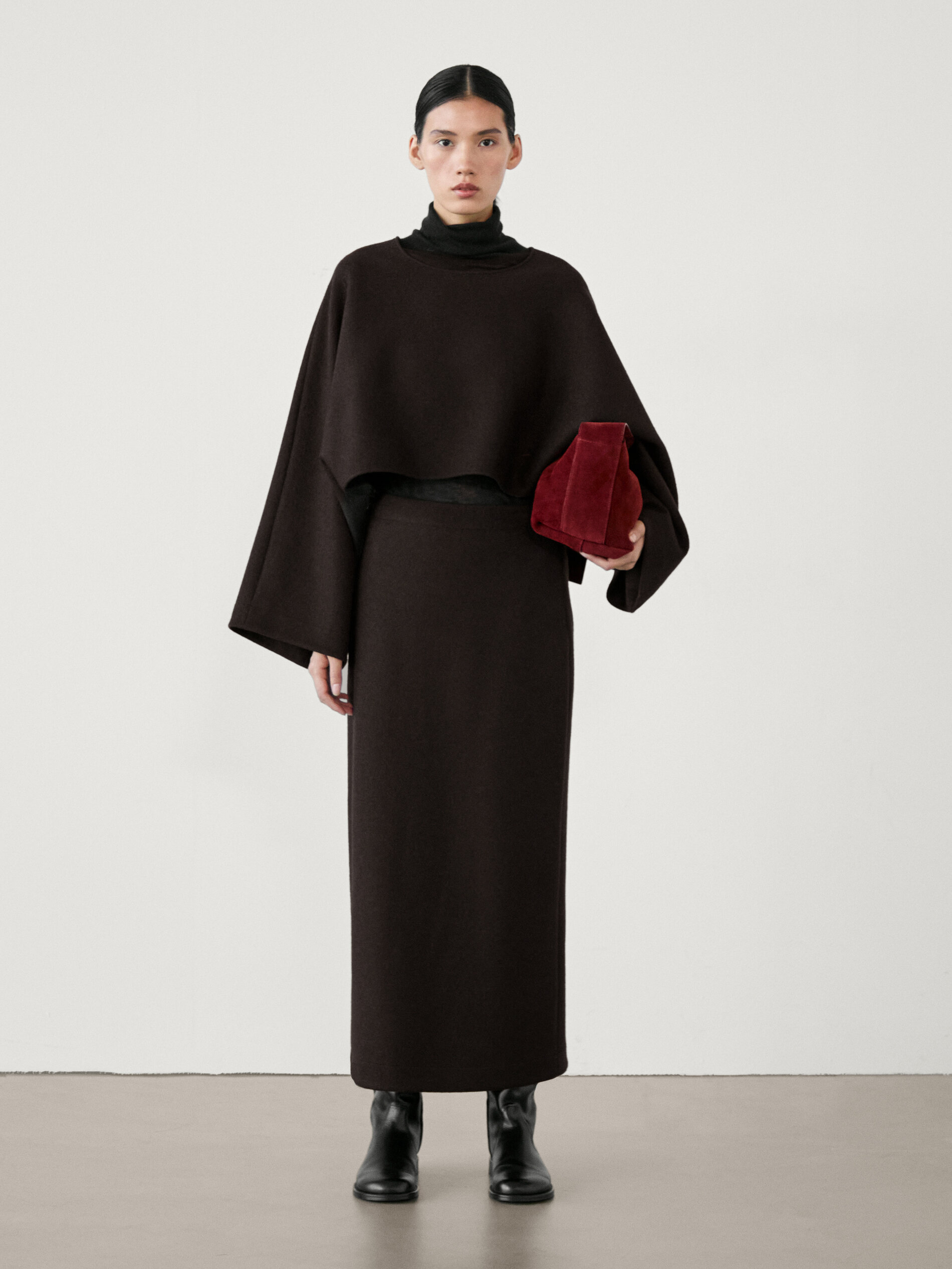 Jupe Longue Fendue Laine Mélangée - Marron - Xs - Massimo Dutti - Femme