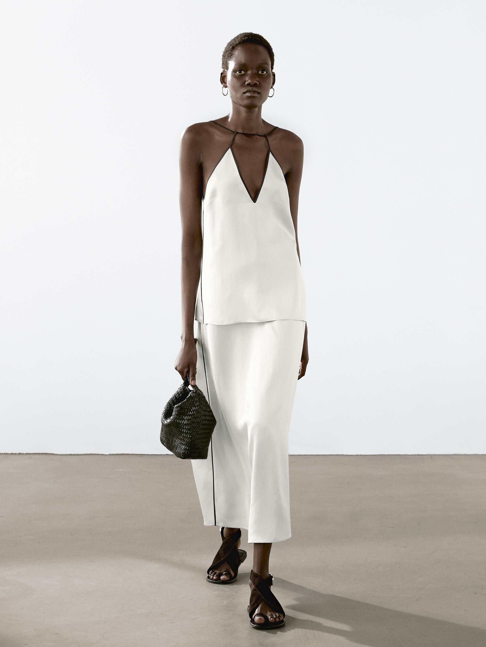 Jupe Midi Satinée Liserés - Cru - 42 - Massimo Dutti - Femme