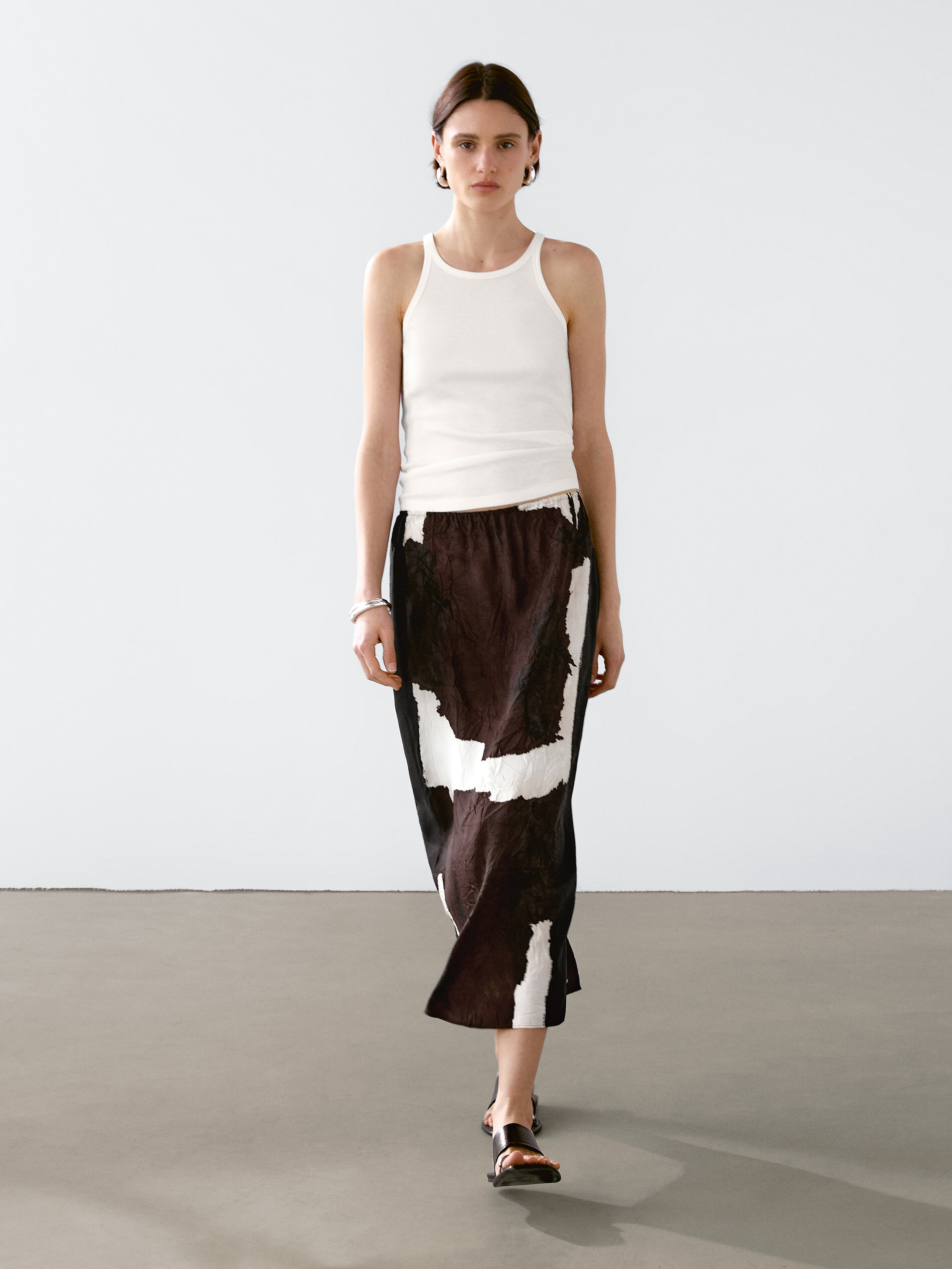 Jupe Midi Imprimée Avec Tissu Fantaisie - Chocolat - M - Massimo Dutti - Femme
