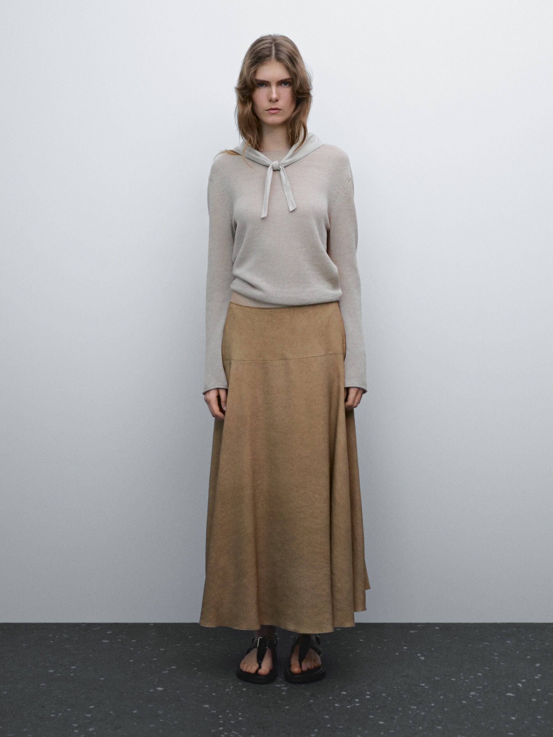 Jupe Midi Ample Lin Mélangé - Marron - 36 - Massimo Dutti - Femme