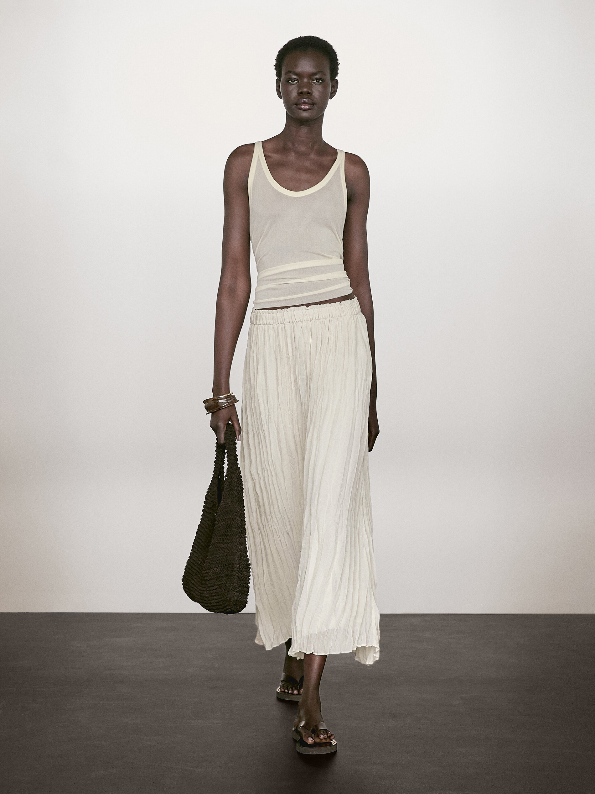 Jupe Midi Ample Plissée - Beige - L - Massimo Dutti - Femme