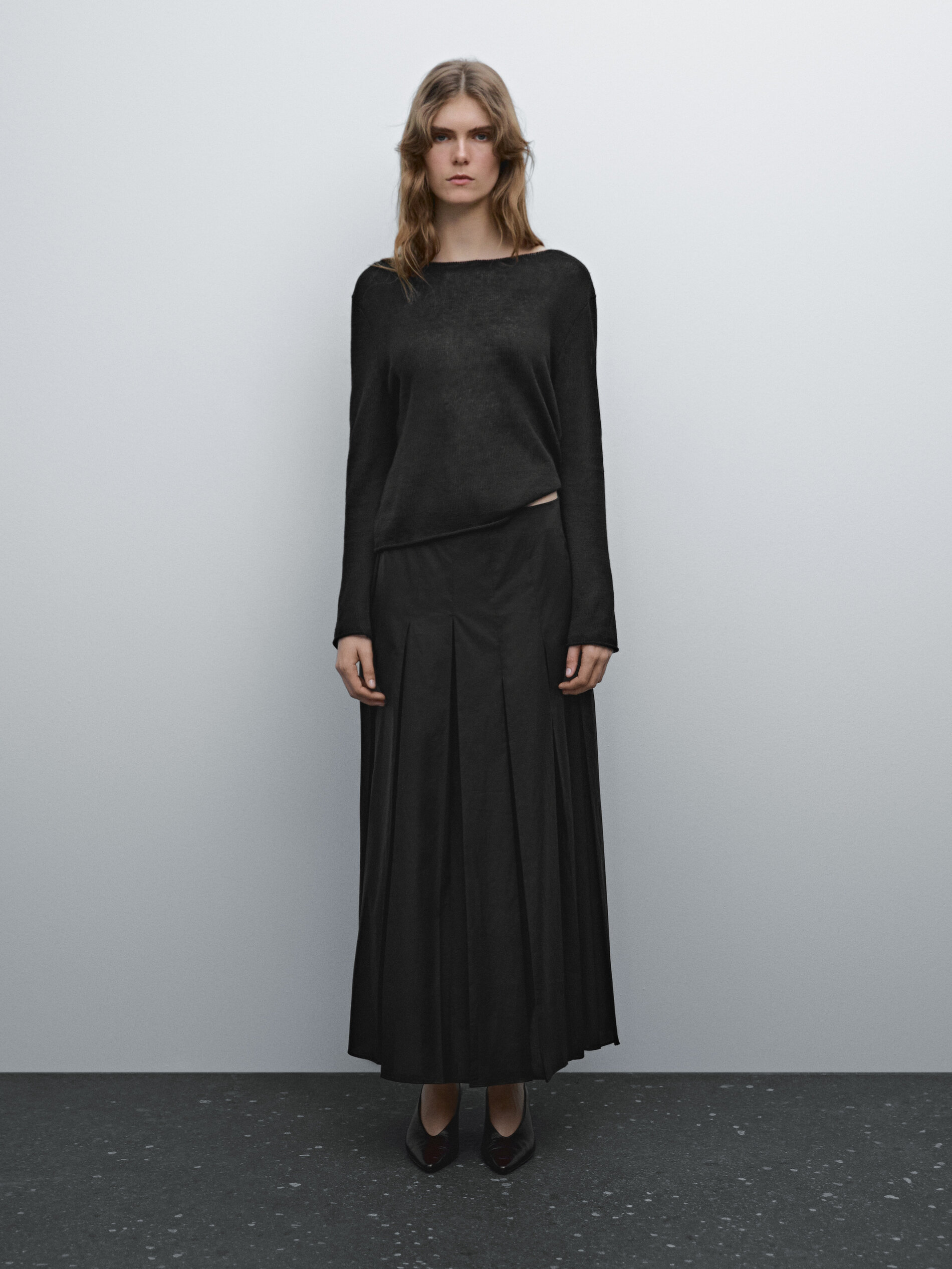 Jupe Midi Plissée Asymétrique - Noir - 38 - Massimo Dutti - Femme