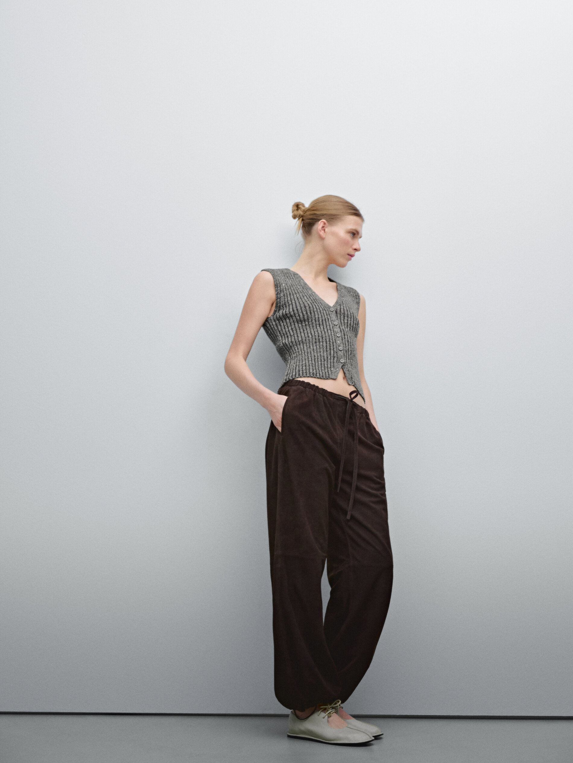 Pantalon Parachute En Cuir Et Daim - Marron - S - Massimo Dutti - Femme