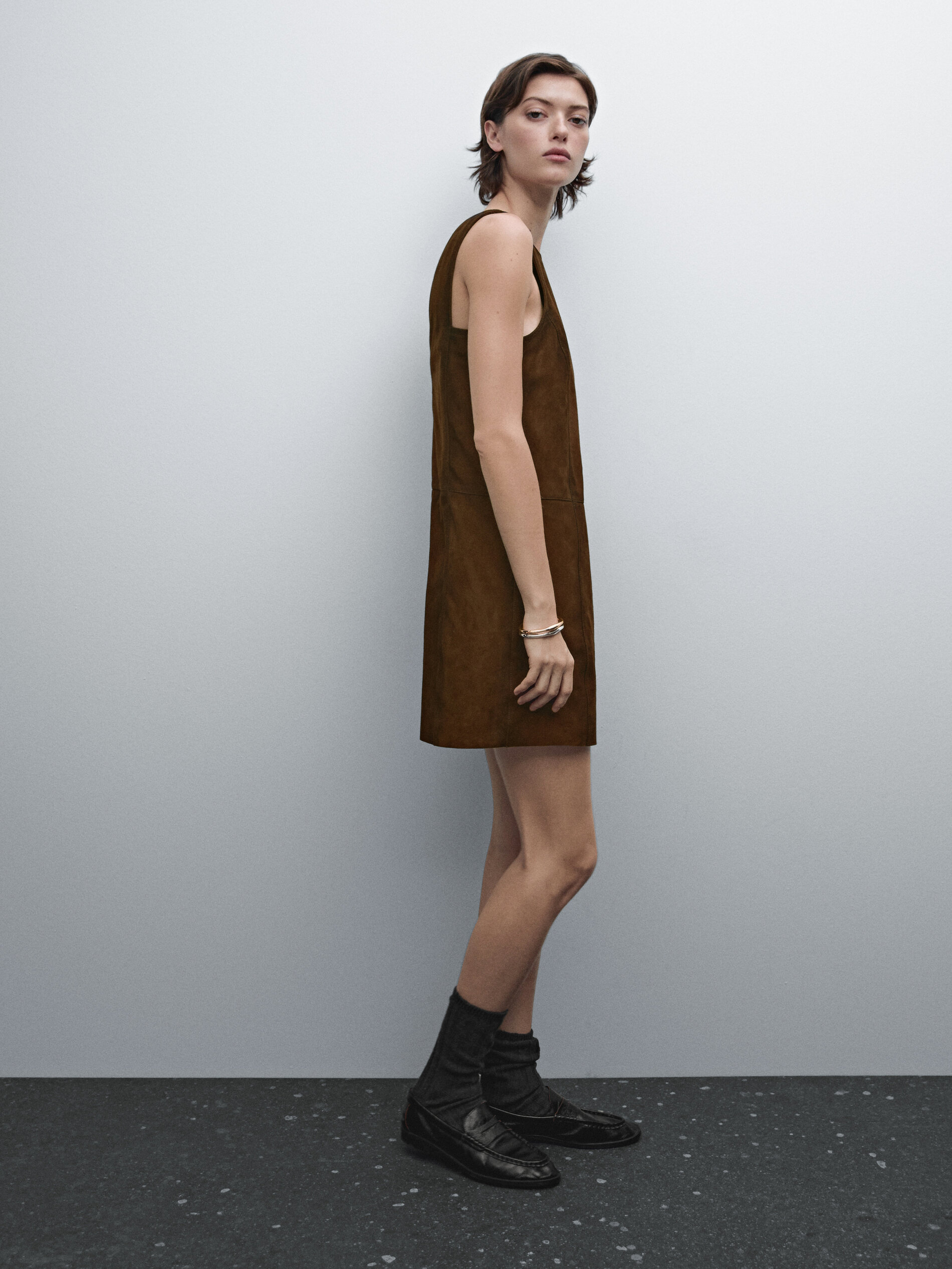 Robe Courte En Cuir Effet Daim - Marron - Xs - Massimo Dutti - Femme