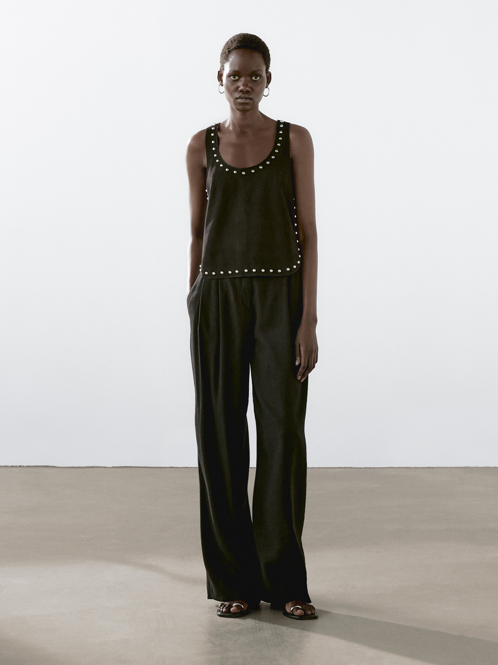 Top En Cuir Et Daim À Clous - Noir - L - Massimo Dutti - Femme