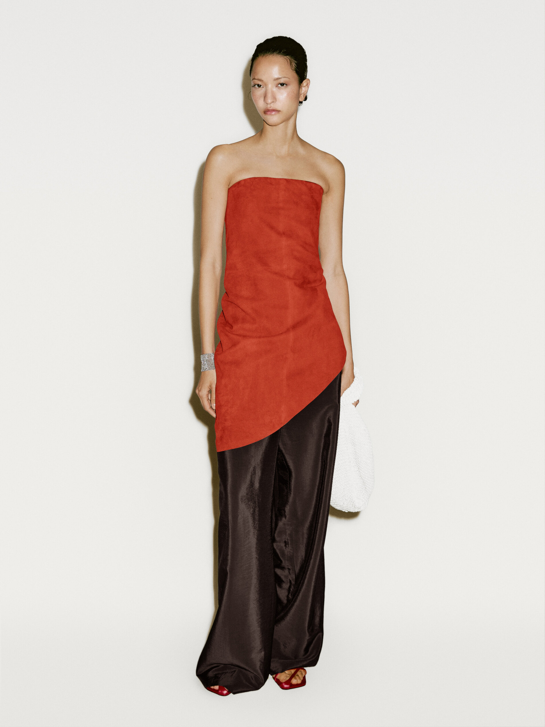 Top Long Asymétrique En Cuir Et Daim - Limited Edition - Rouge - M - Massimo Dutti - Femme