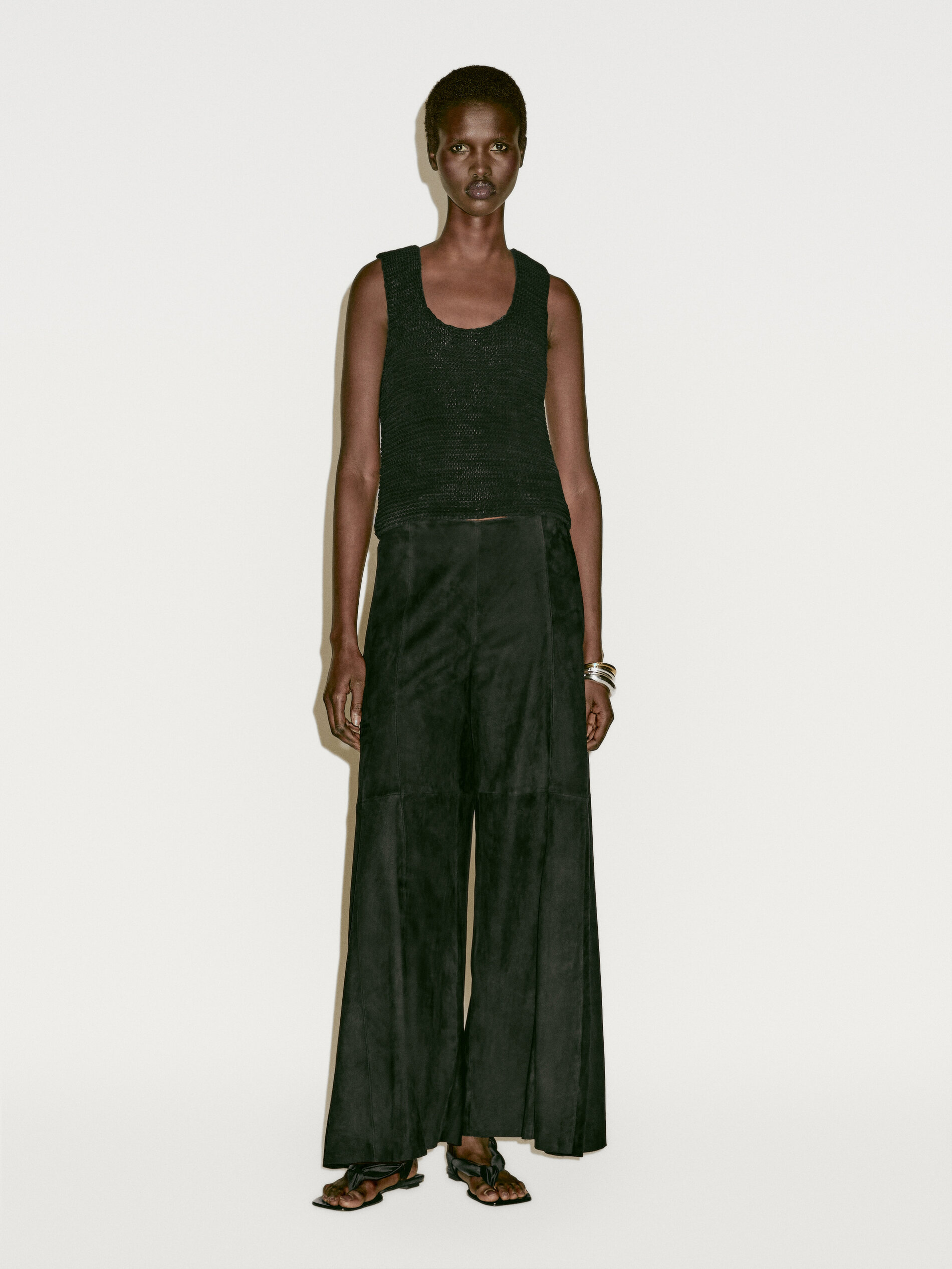 Pantalon Large En Cuir Et Daim - Limited Edition - Noir - M - Massimo Dutti - Femme