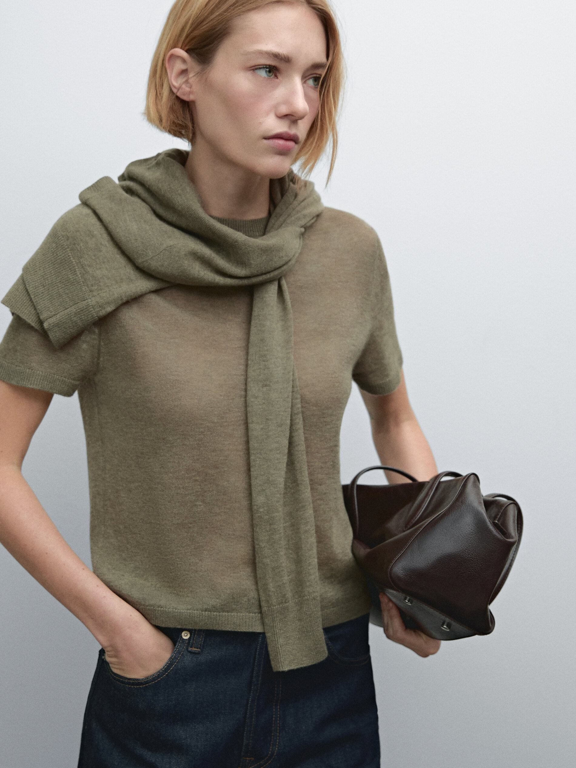 T-Shirt En Maille Ajourée 100 % Laine - Verdâtre - L - Massimo Dutti - Femme