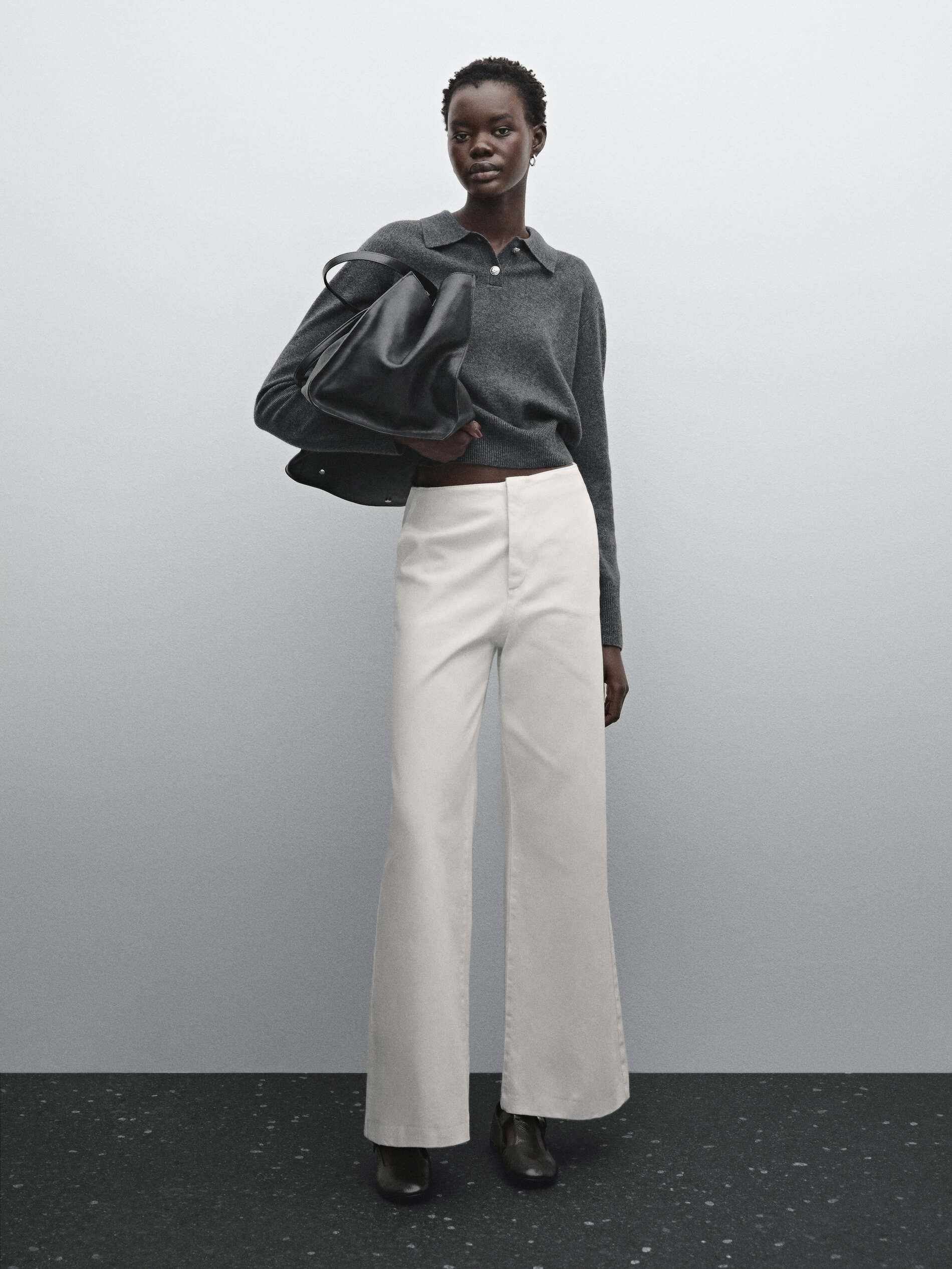 Pull À Col Polo En Maille De Laine Mélangée - Gris Anthracite - Xs - Massimo Dutti - Femme