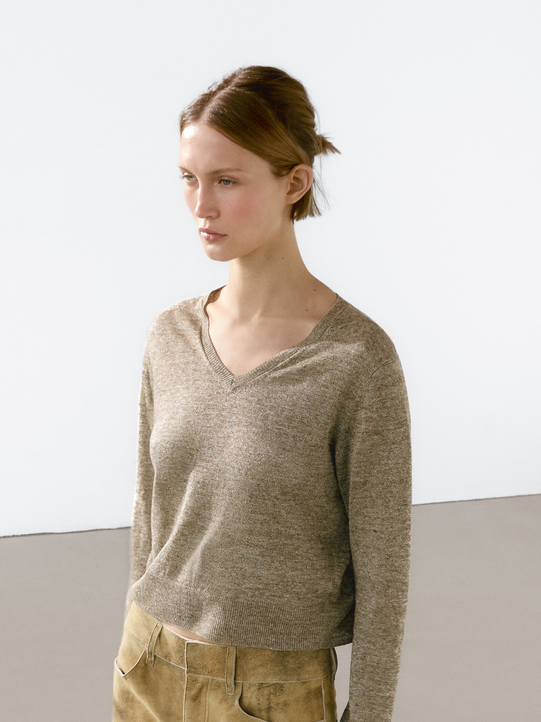 Pull En Maille Chinée 100 % Lin - Verdâtre - M - Massimo Dutti - Femme
