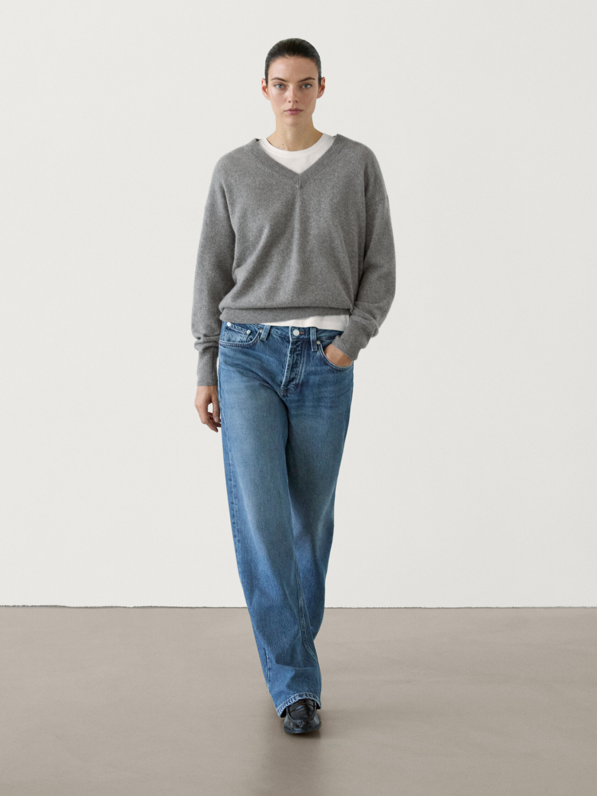 Pull En Maille 100 % Cachemire À Col En V - Gris - Xs - Massimo Dutti - Femme