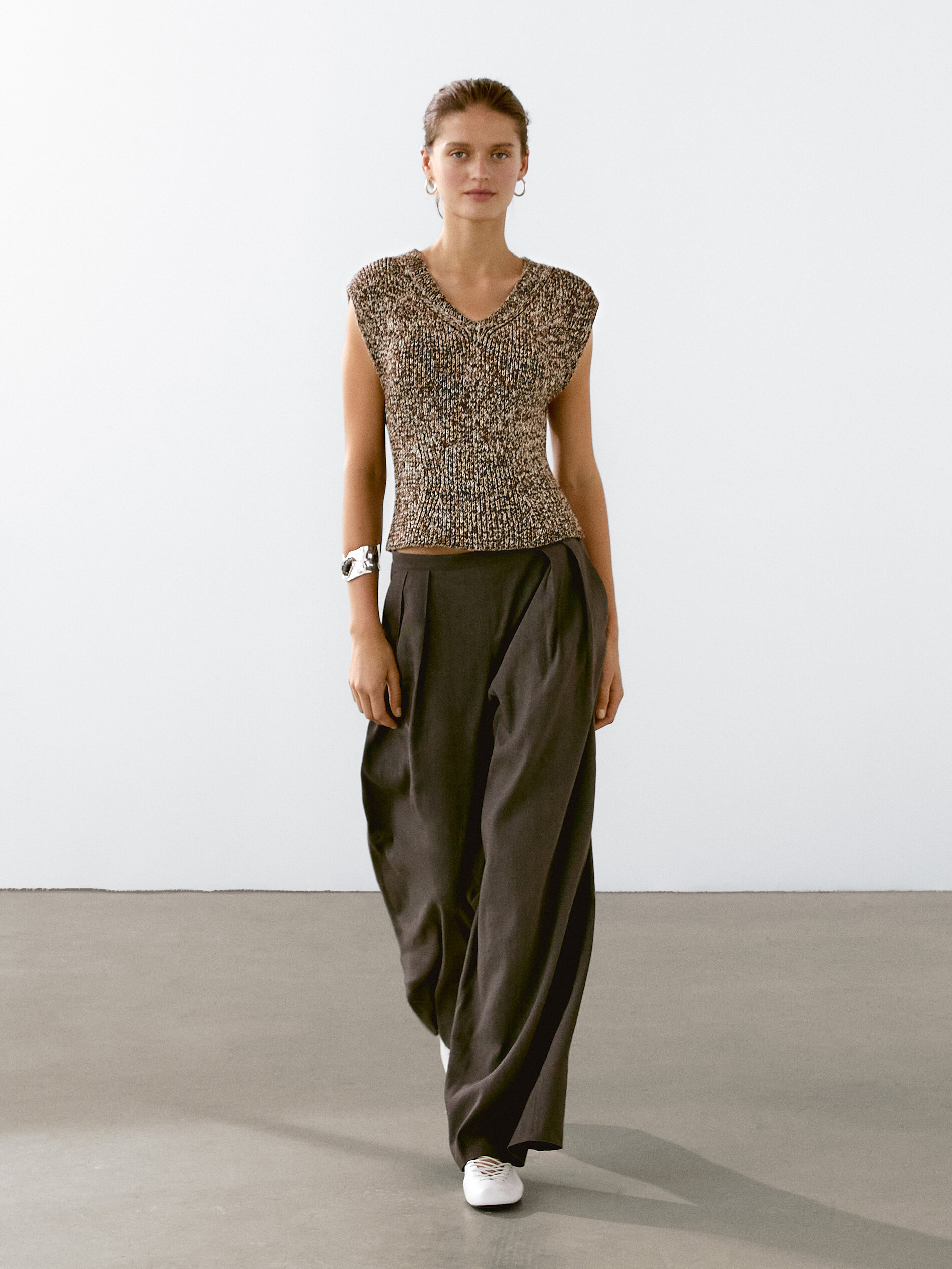 Top Mouliné Col En V Coton - Marron - S - Massimo Dutti - Femme