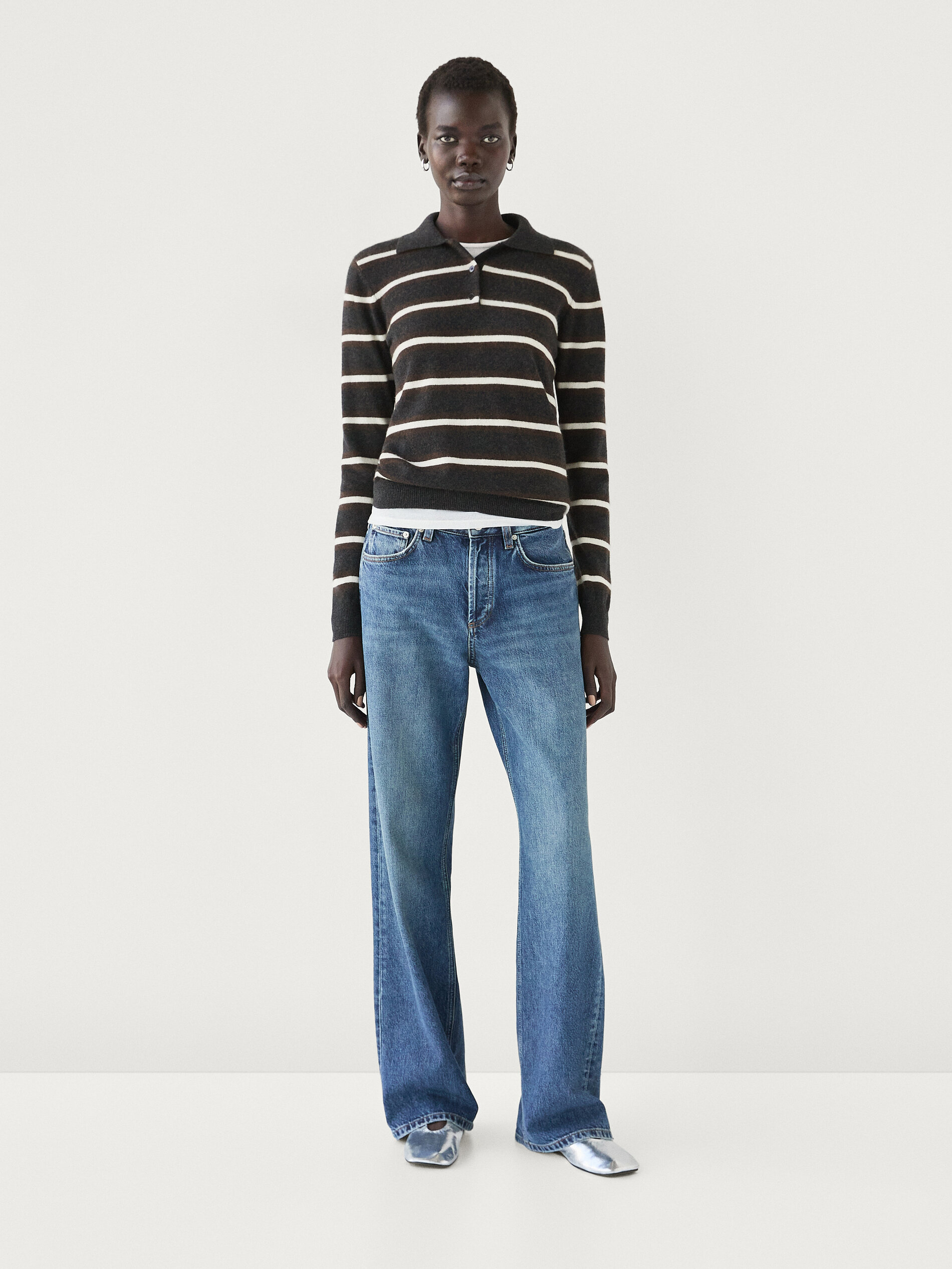 Pull Polo À Rayures En Maille 100 % Cachemire - Marron - L - Massimo Dutti - Femme