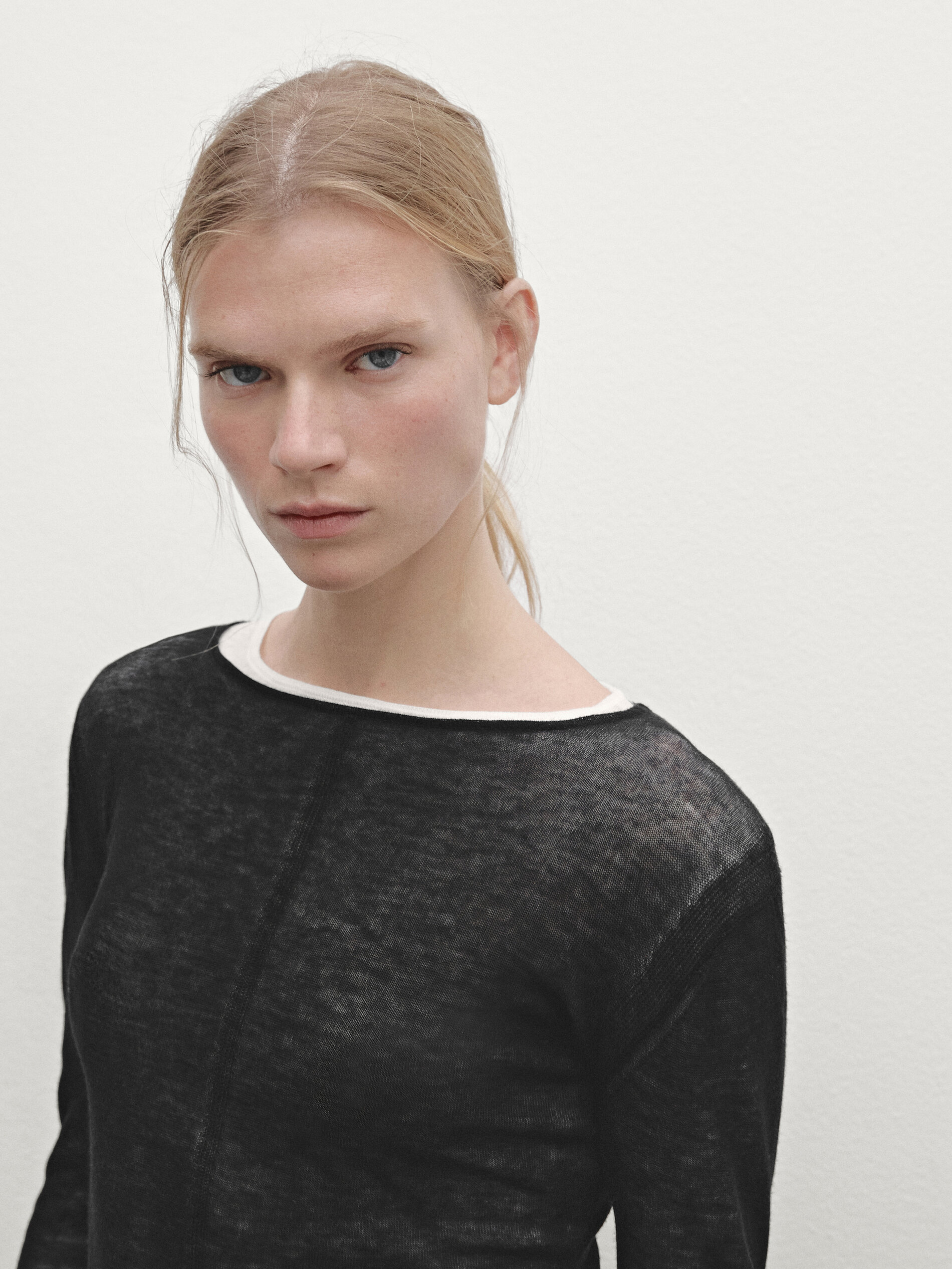 Pull Fin Effet Superposé 100 % Laine - Noir - M - Massimo Dutti - Femme