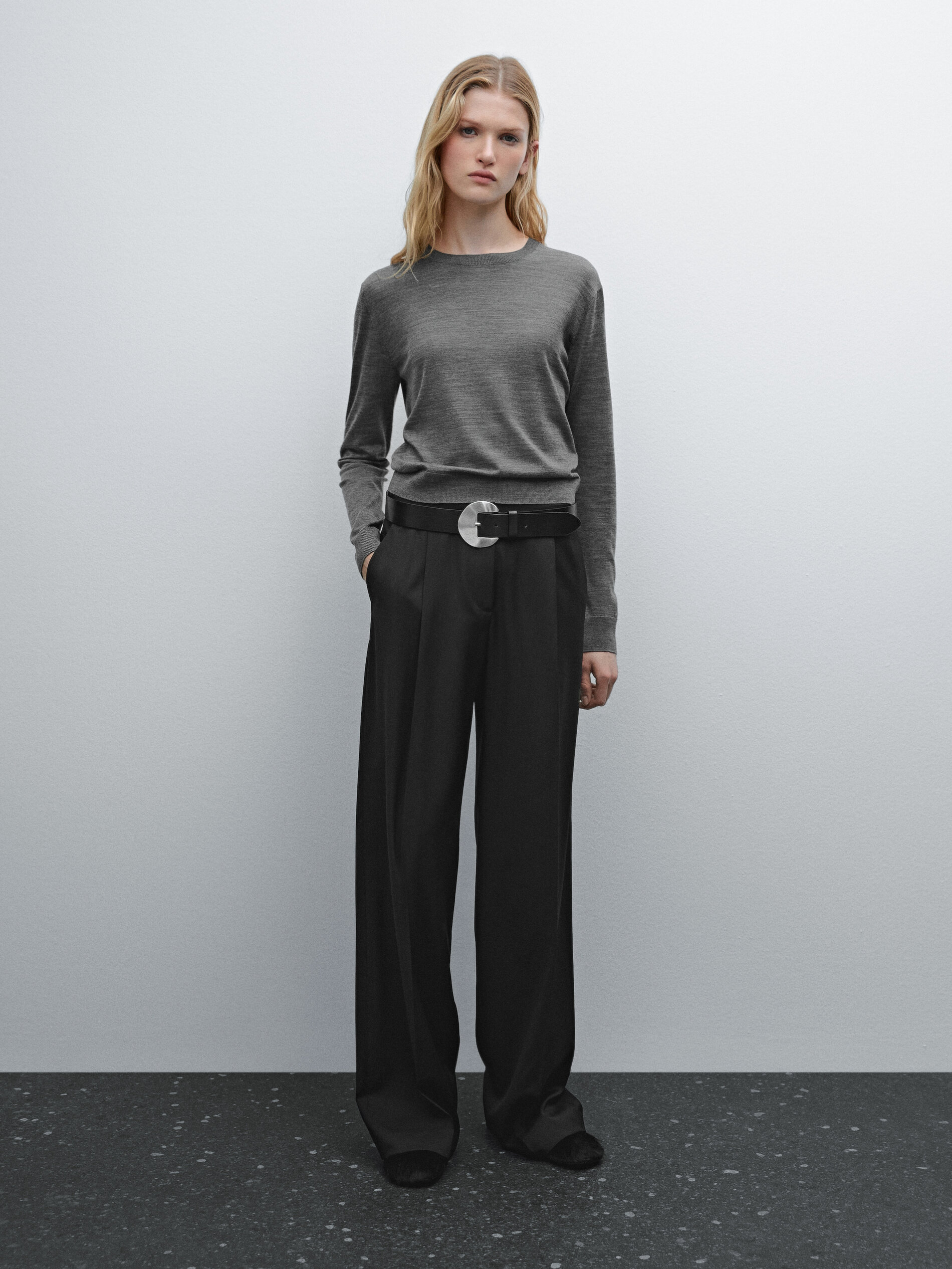 Pull À Col Rond En Maille De Laine - Gris Moyen - Xs - Massimo Dutti - Femme
