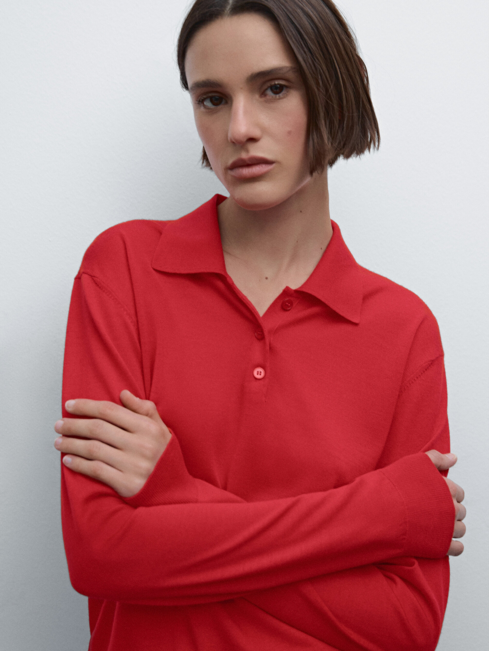 Pull Col Polo Boutons 100 % Laine - Rouge - Xs - Massimo Dutti - Femme