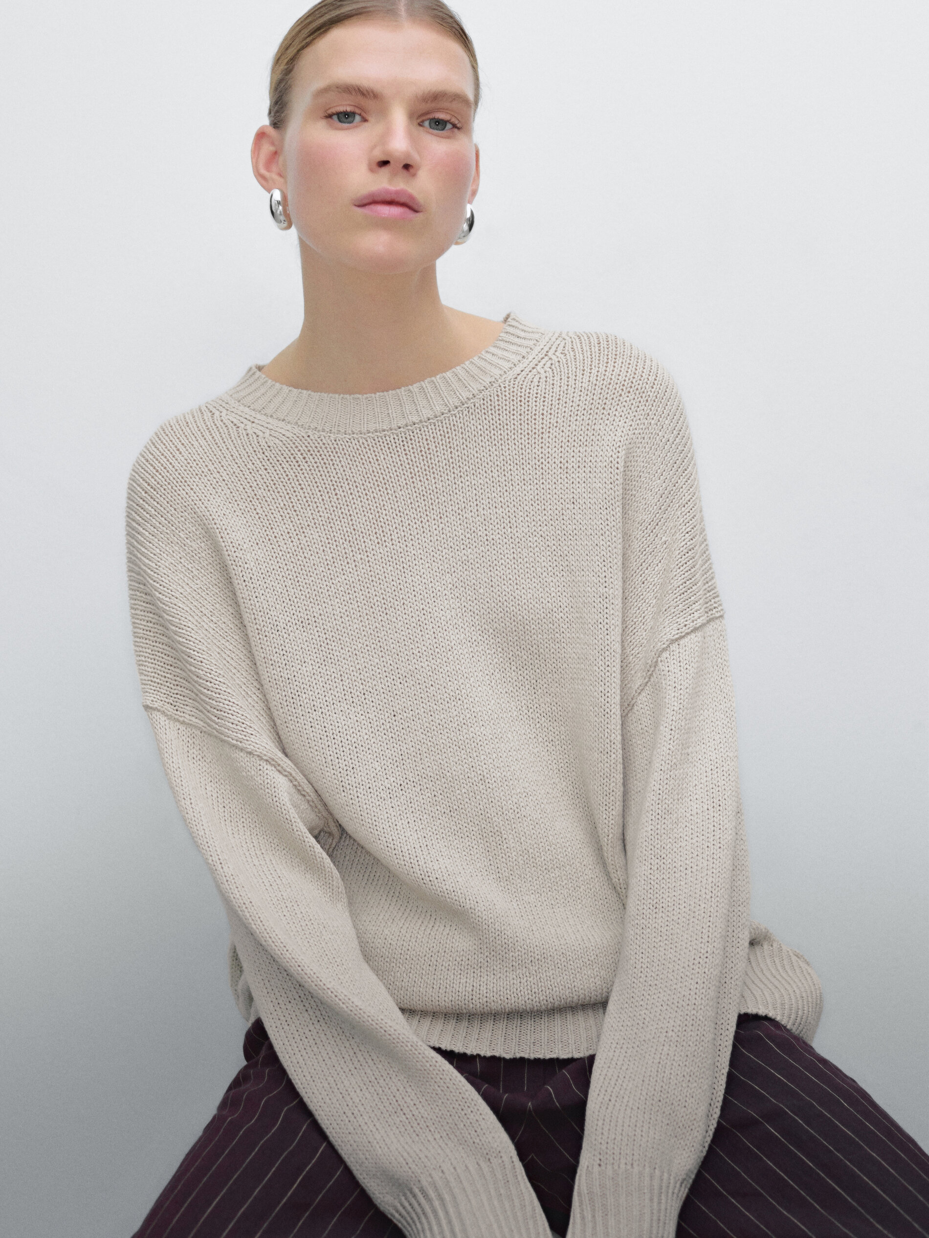 Pull En Maille De Lin Mélangé À Col Rond - Beige - M - Massimo Dutti - Femme