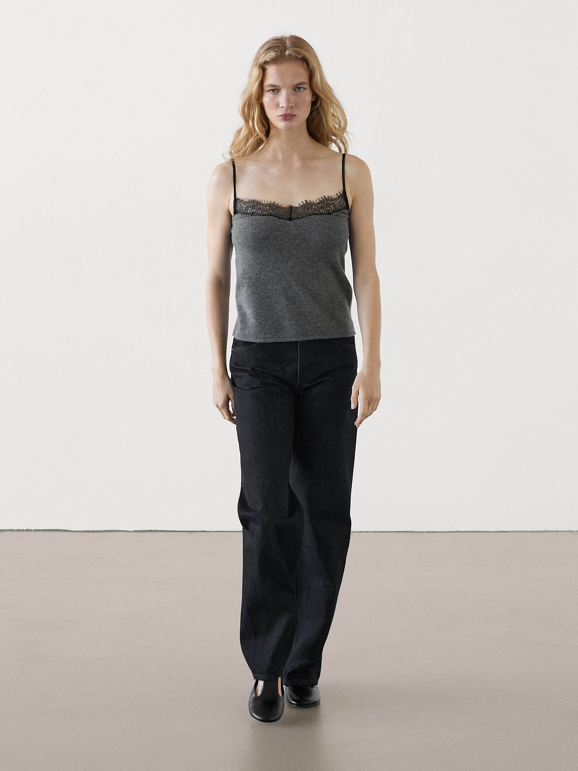 Top Nuisette À Dentelle - Gris - Xs - Massimo Dutti - Femme