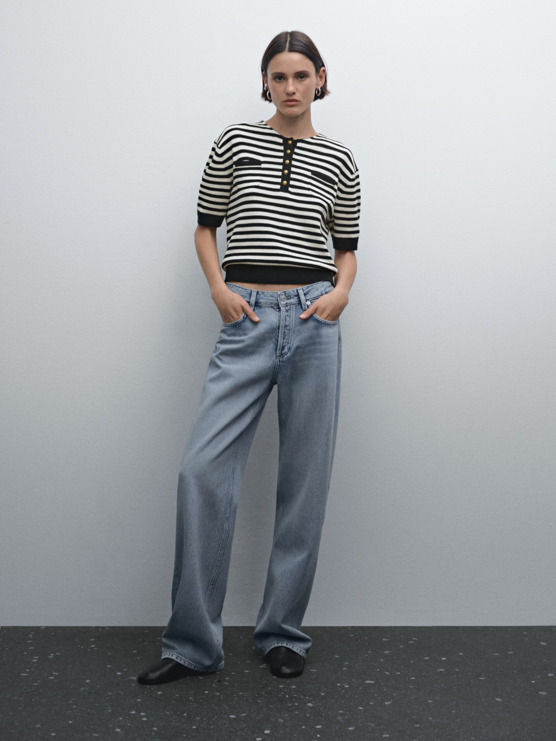 Pull En Maille À Manches Courtes Et Rayures - Bleu Marine - M - Massimo Dutti - Femme