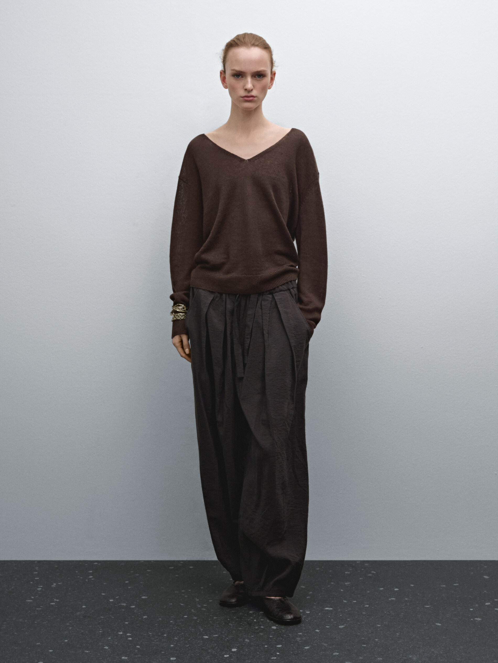 Pull En Maille À Col En V 100 % Lin - Chocolat - L - Massimo Dutti - Femme
