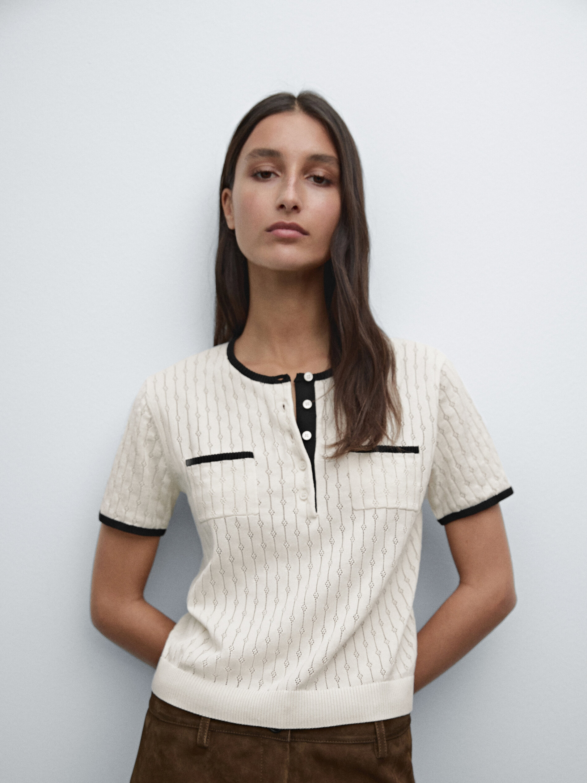 Pull En Maille Pointelle À Manches Courtes - Cru - L - Massimo Dutti - Femme