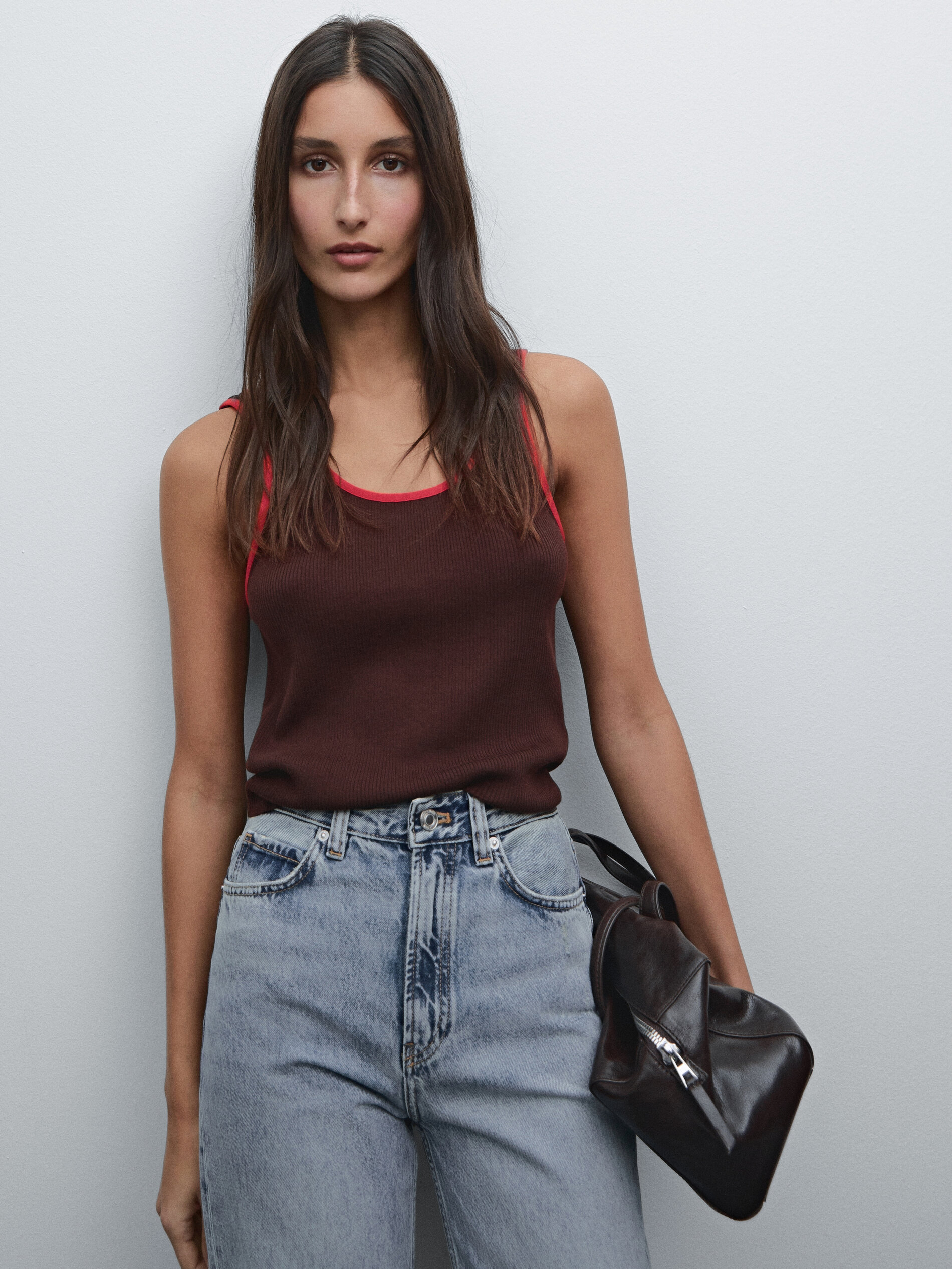 Top En Maille À Liserés Contrastants - Chocolat - M - Massimo Dutti - Femme