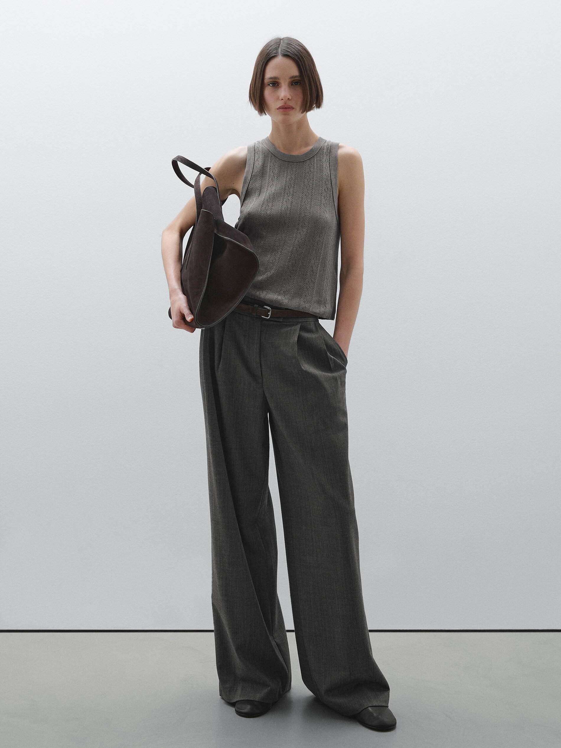Top Maille Pointelle De Coton Mélangé - Gris - L - Massimo Dutti - Femme