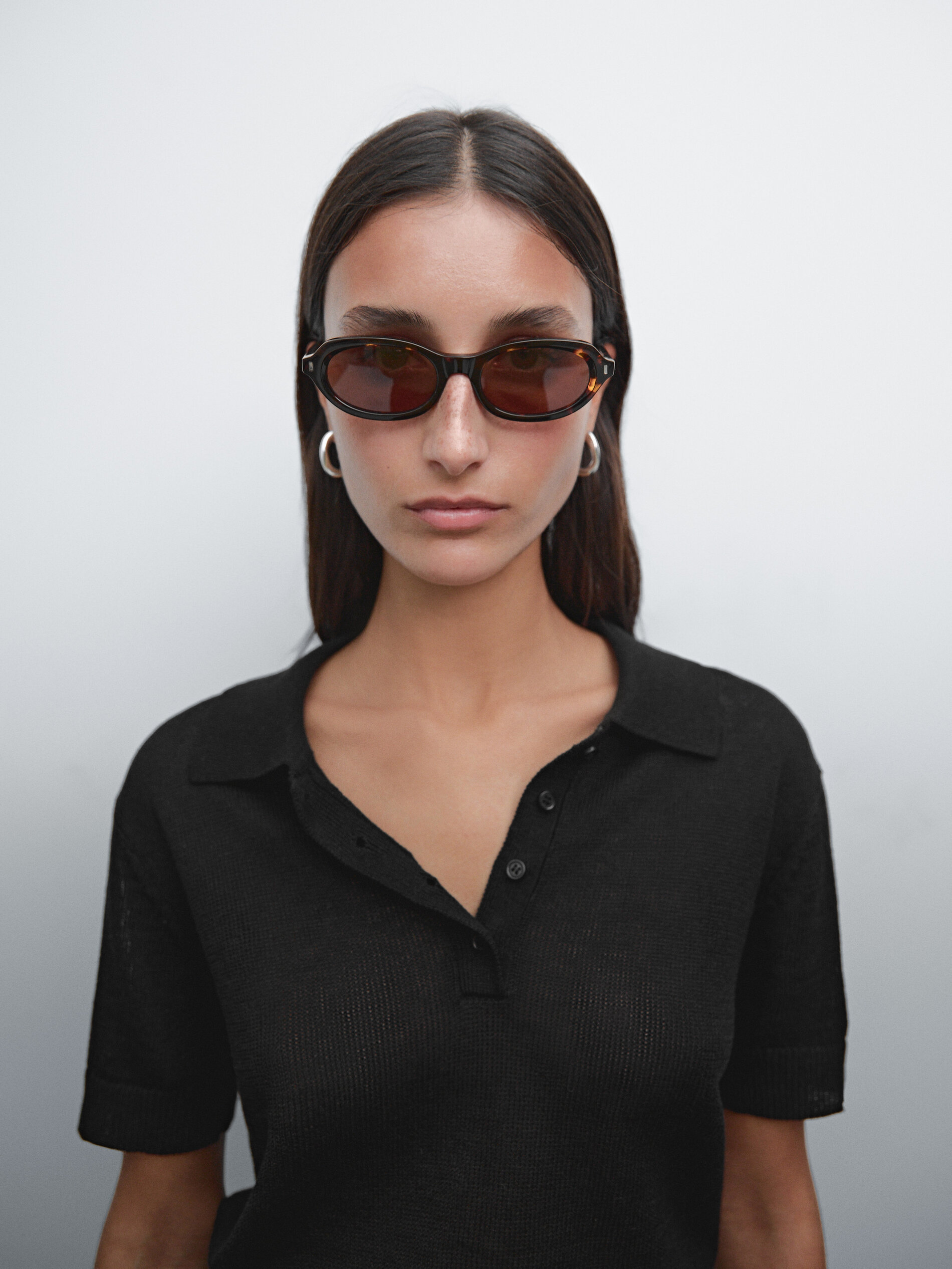 Pull Polo En Maille Ajourée De Lin Mélangé - Noir - S - Massimo Dutti - Femme