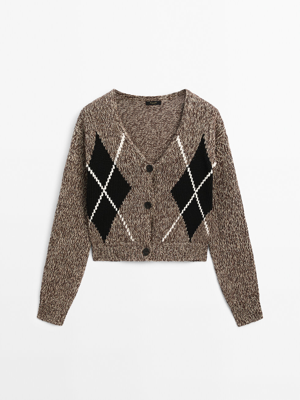 Cropped cotton argyle knit cardigan