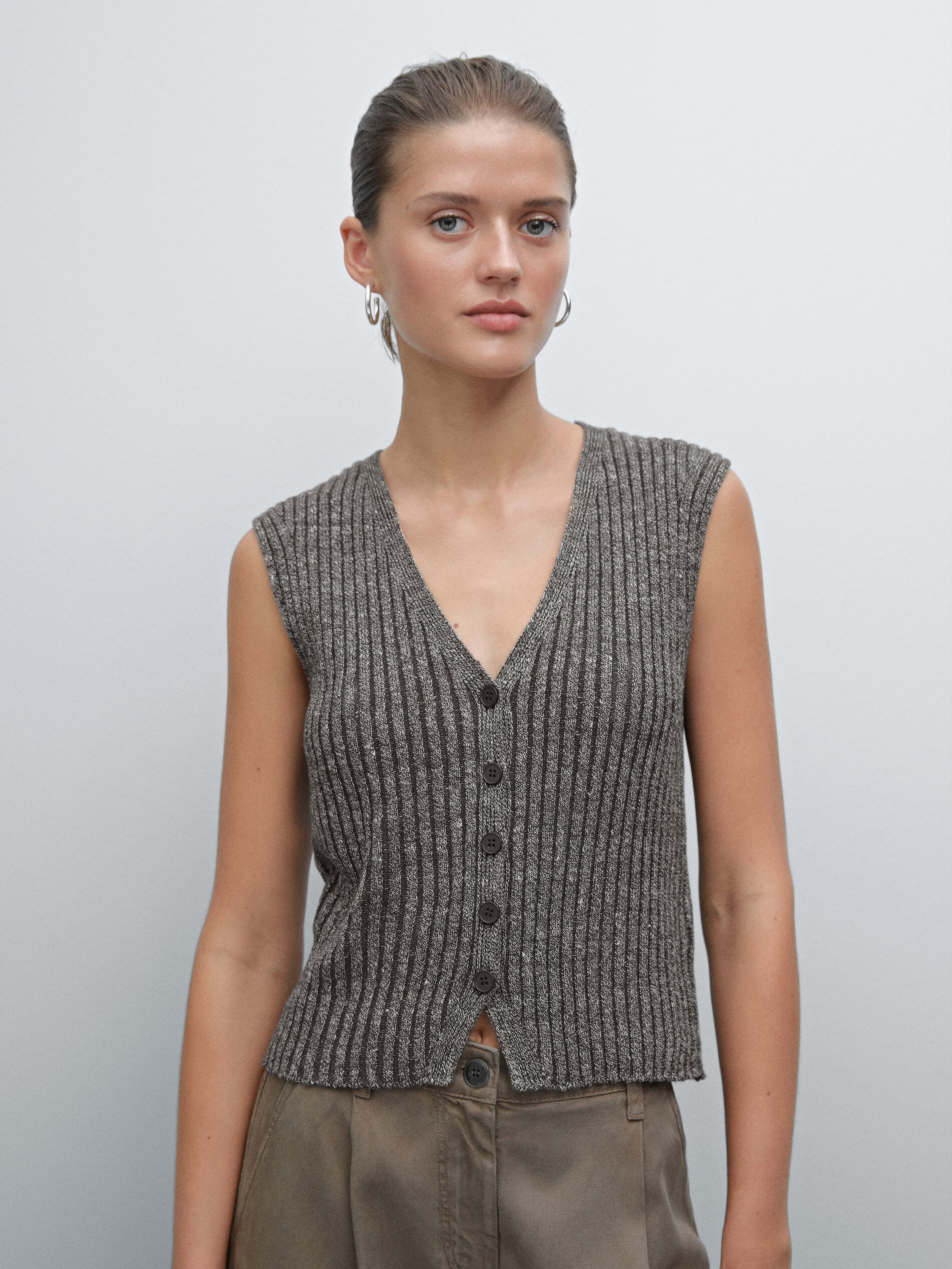 Veste Sans Manches En Maille De Lin Mélangé À Fil Chiné - Marron - L - Massimo Dutti - Femme