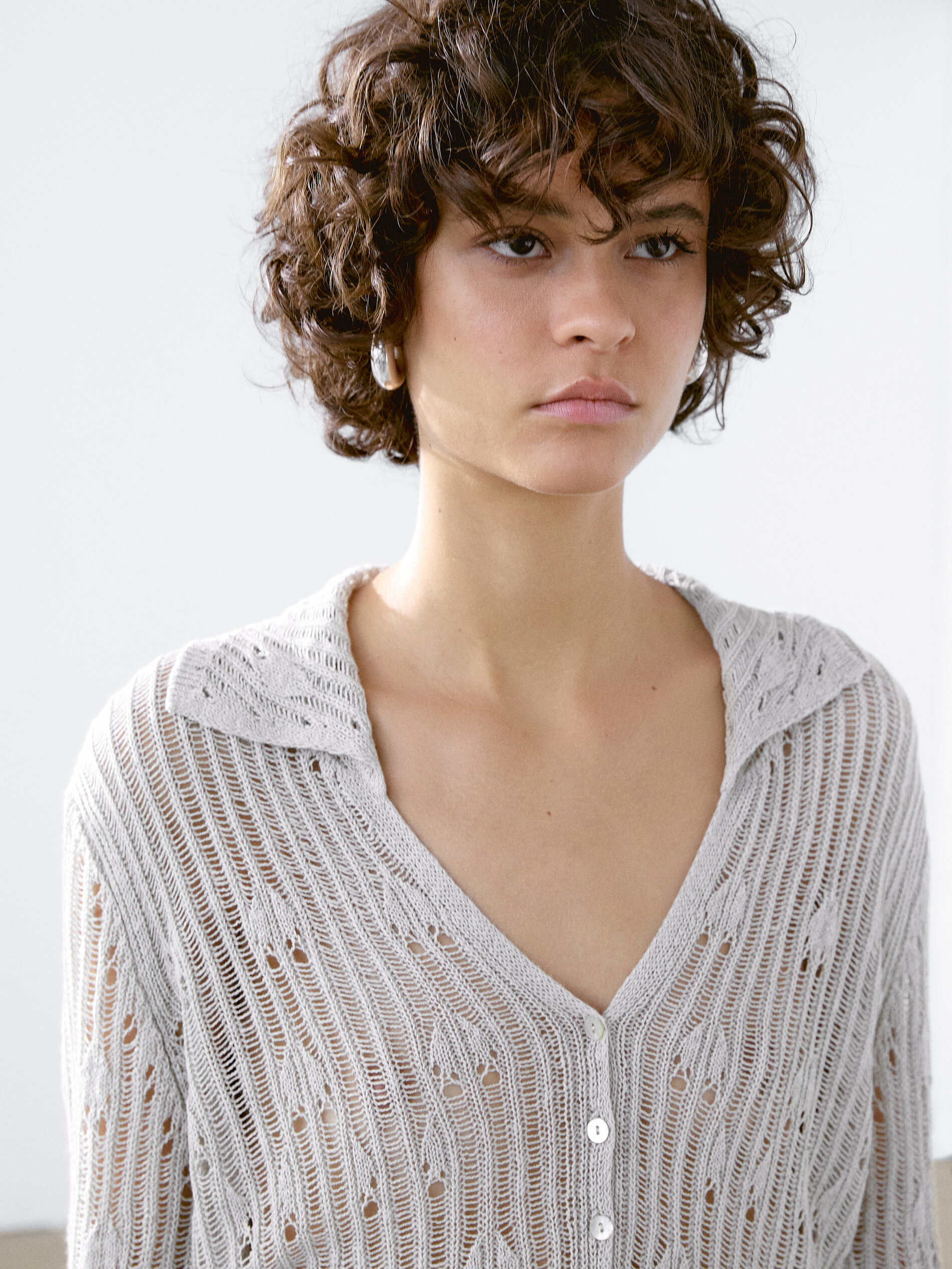 Cardigan En Maille Ajourée À Col Polo - Pierre - M - Massimo Dutti - Femme
