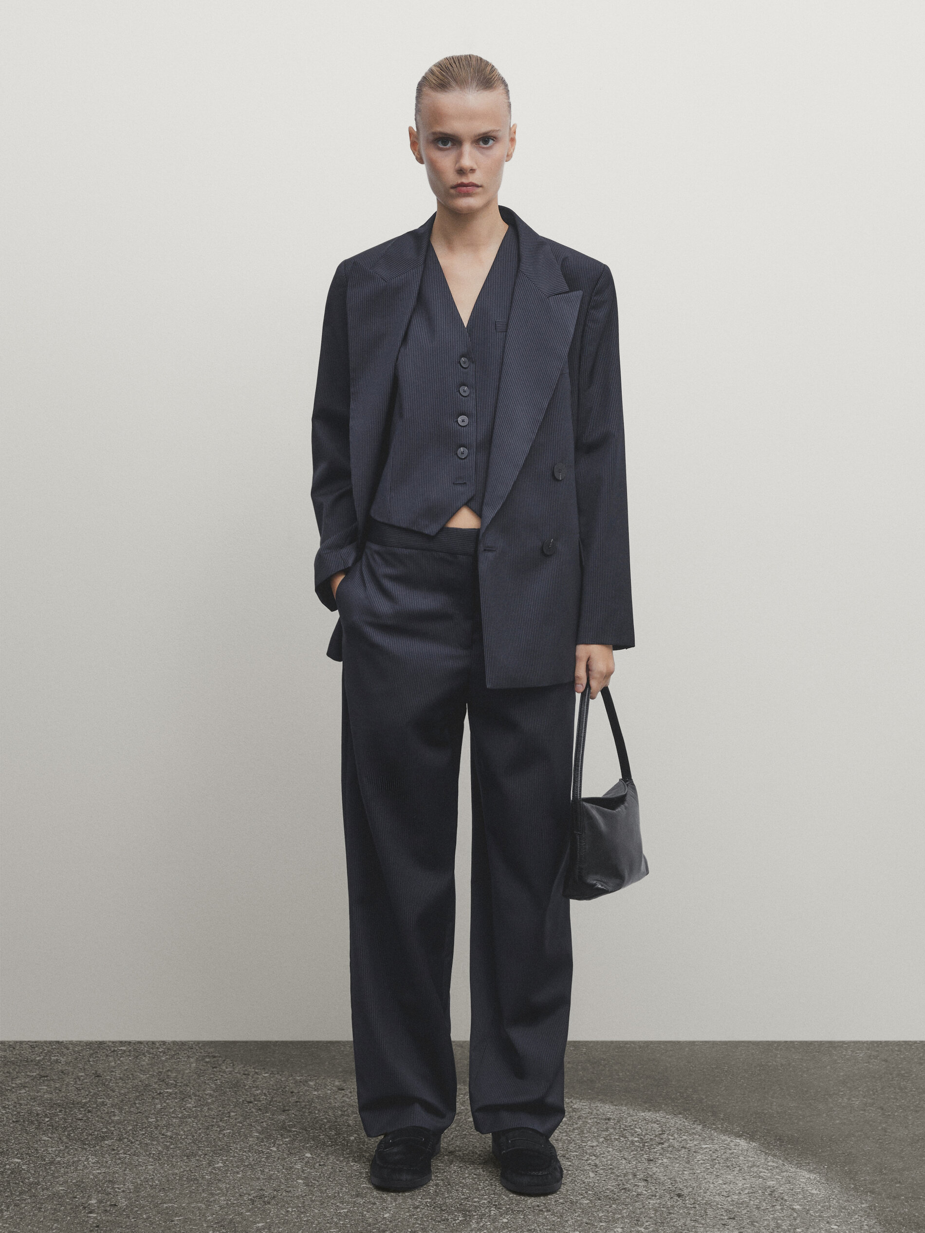 Veste Tailleur Croisée Rayures Tennis - Bleu Marine - 40 - Massimo Dutti - Femme