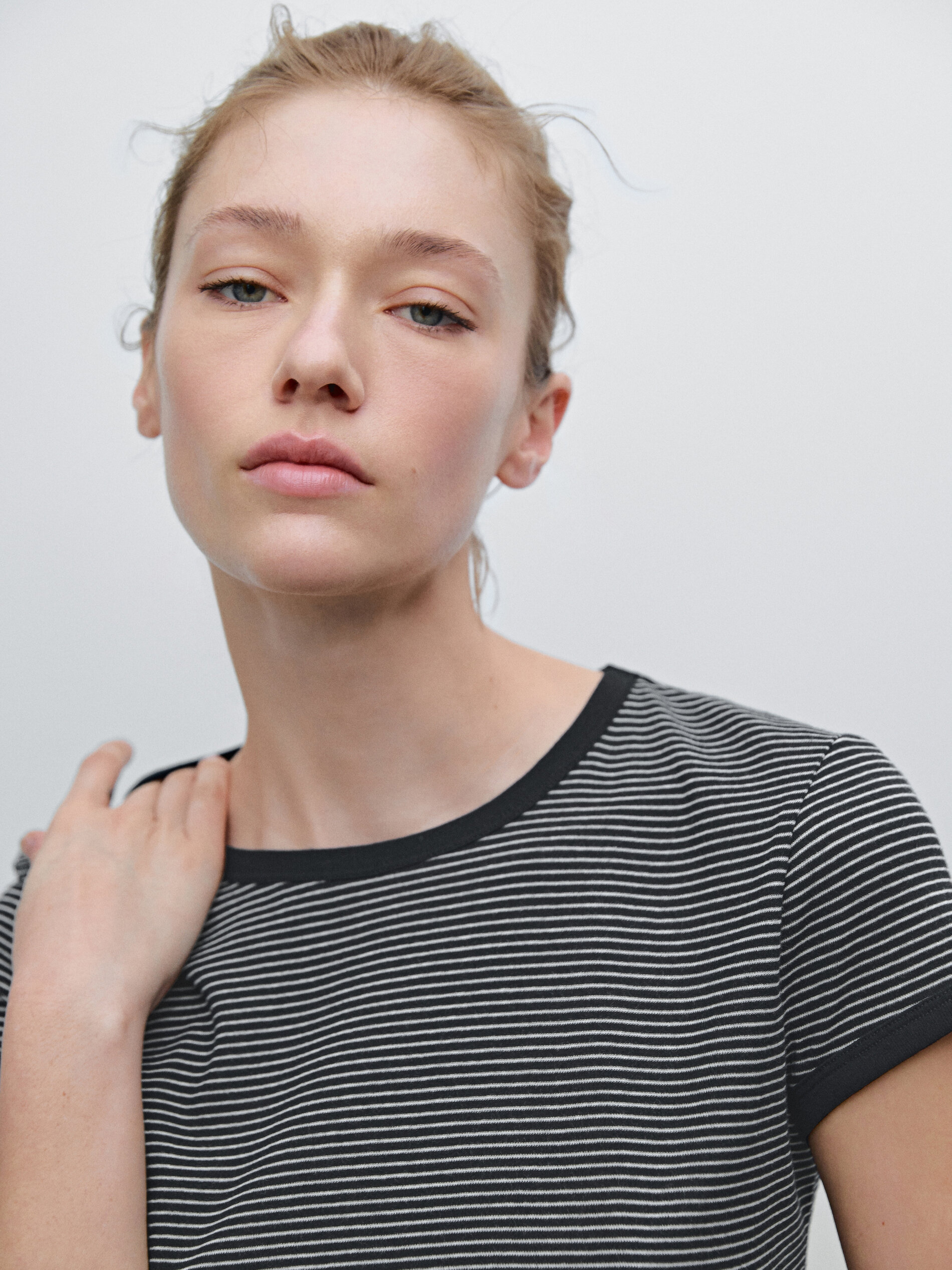 T-Shirt Rayé Bord-Côte Contrastant Coton - Bleu - M - Massimo Dutti - Femme
