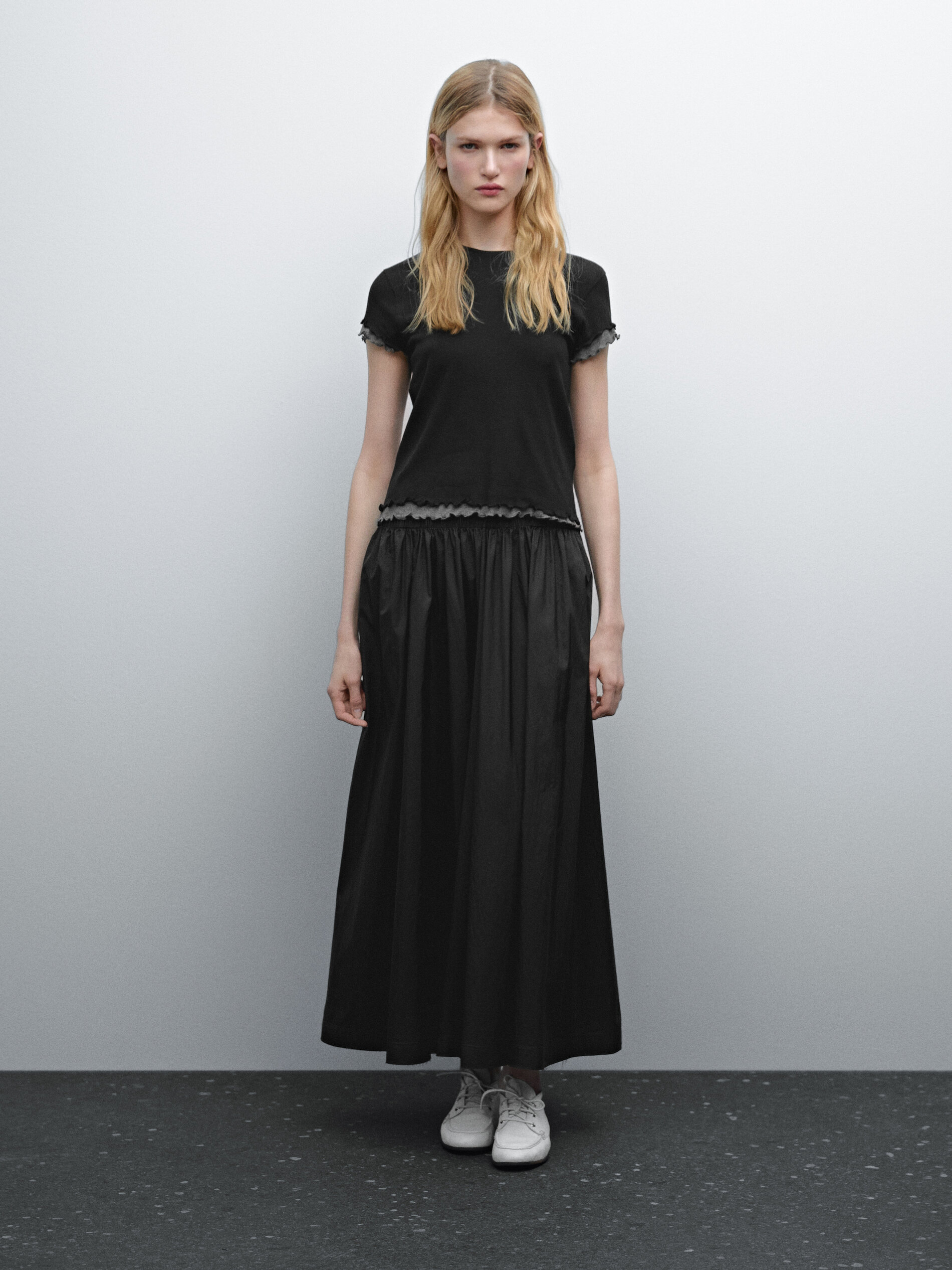 T-Shirt Effet Superposé À Bords-Côtes Ondulés - Noir - S - Massimo Dutti - Femme