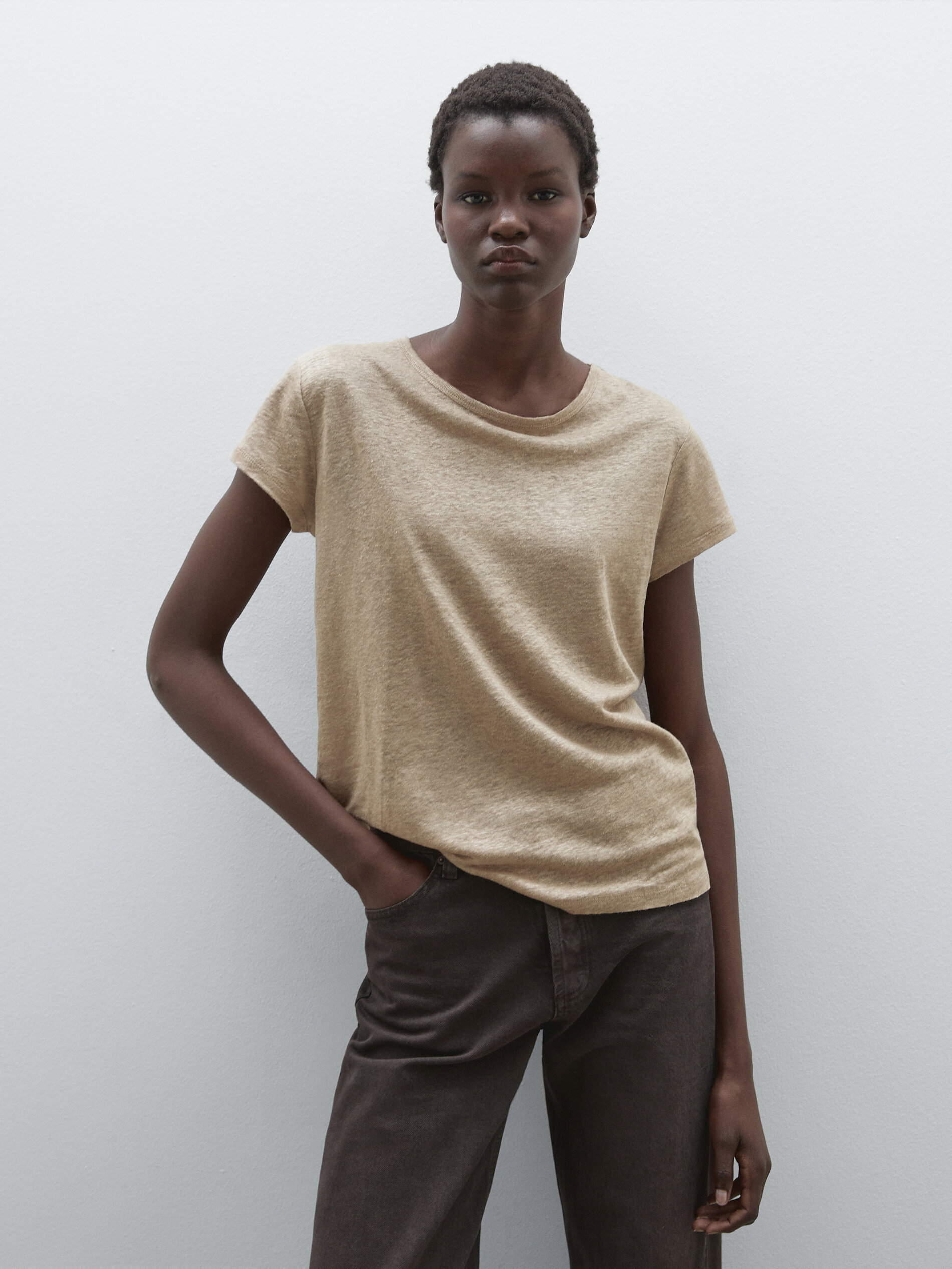 T-Shirt 100 % Lin À Manches Courtes - Délavé - M - Massimo Dutti - Femme